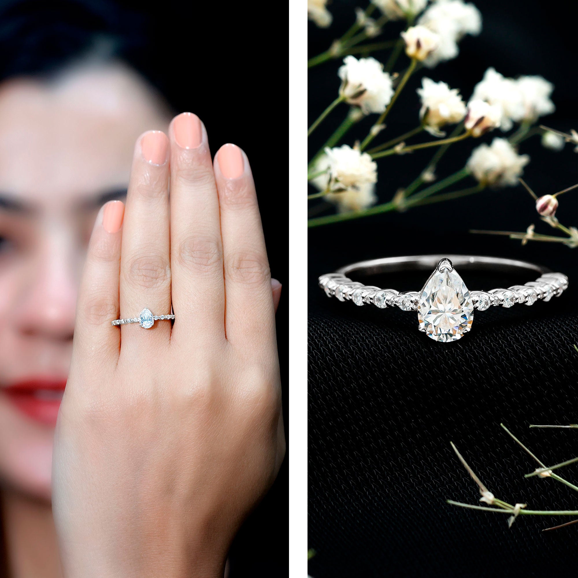 Beaded Bezel Set Moissanite Pear Engagement Ring D-VS1 - Rosec Jewels