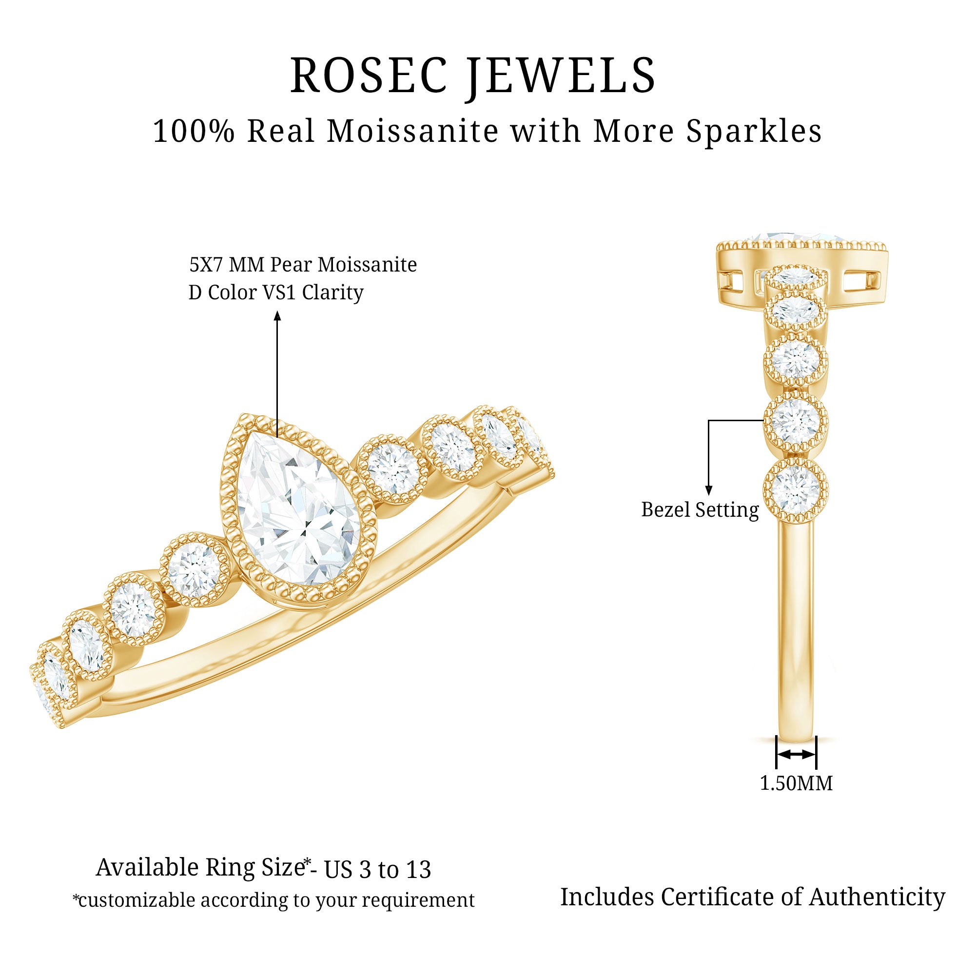 Beaded Bezel Set Moissanite Pear Engagement Ring D-VS1 - Rosec Jewels