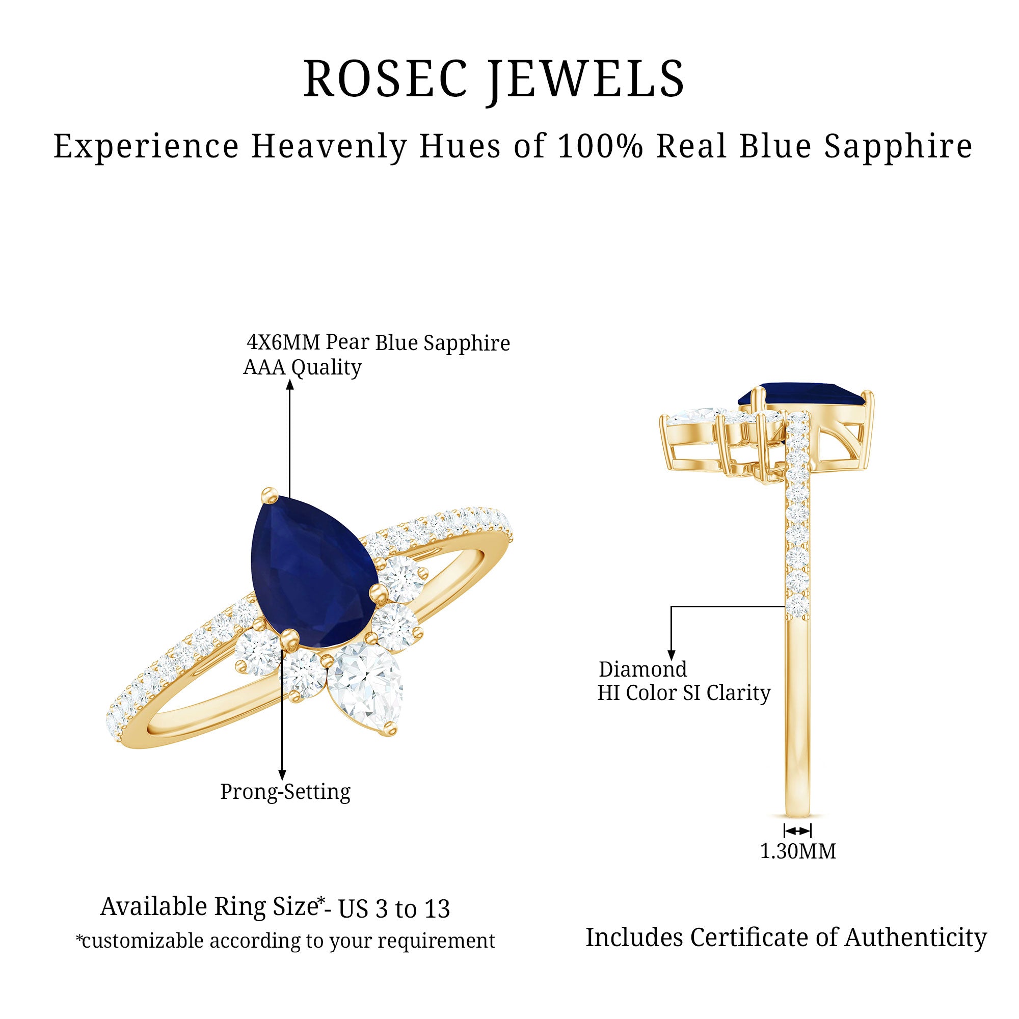 Certified 0.5 Carat Pear Shaped Blue Sapphire Crown Engagement Ring with Diamond AAA - Rosec Jewels