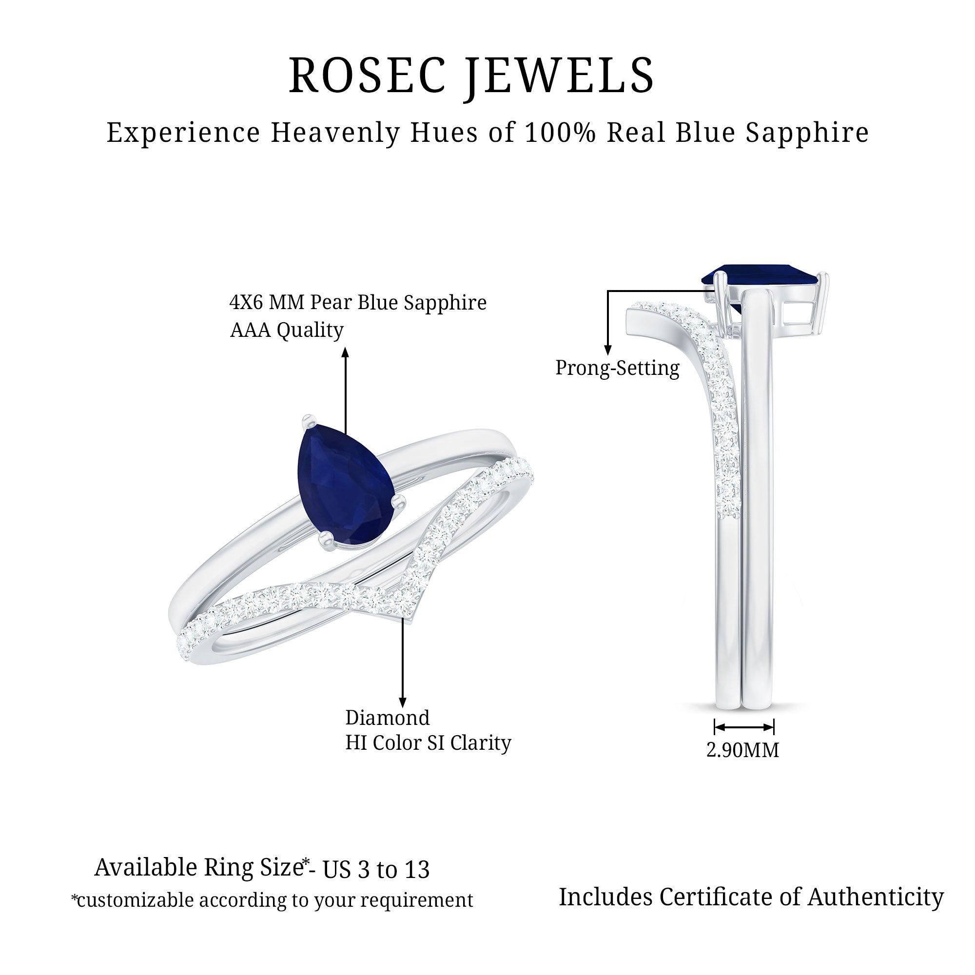 Rosec Jewels-1 CT Pear Cut Blue Sapphire Solitaire Ring Set with Diamond Enhancer Band