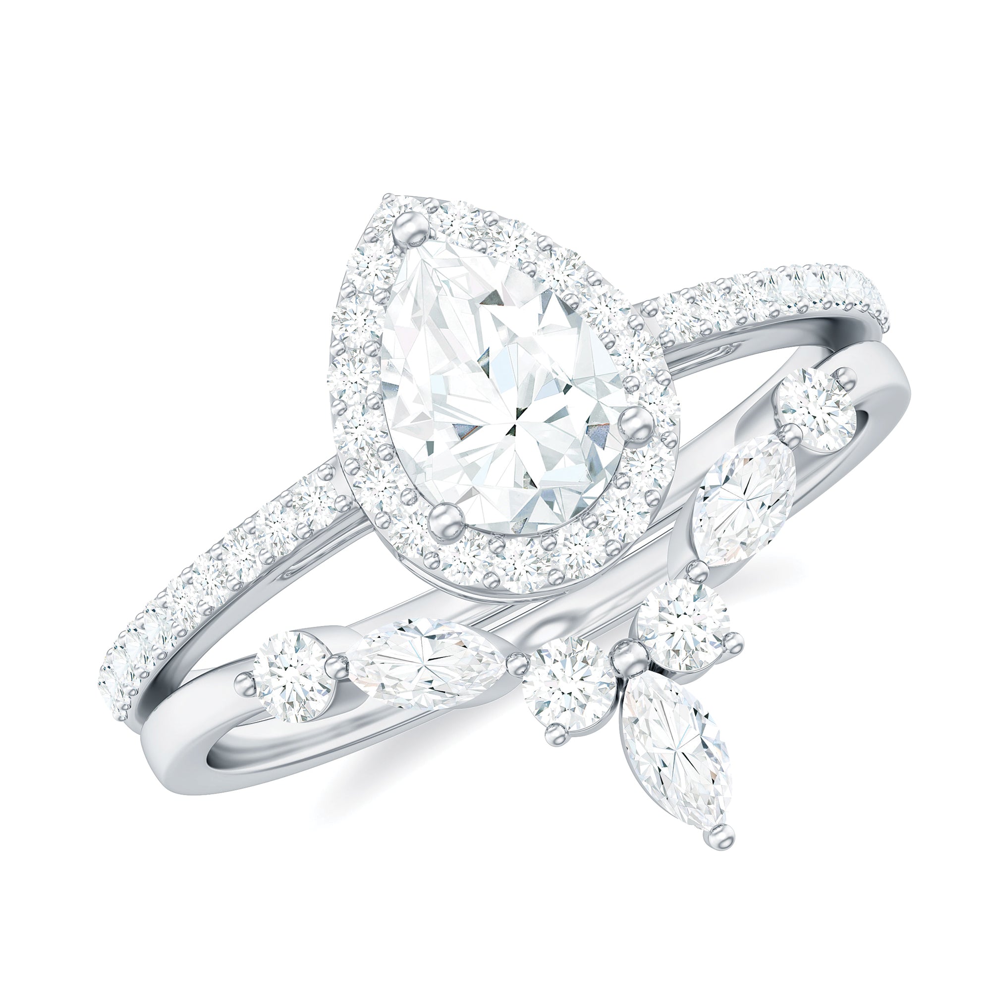 Pear Cut Moissanite Halo Bridal Ring Set with Certificate D-VS1 - Rosec Jewels