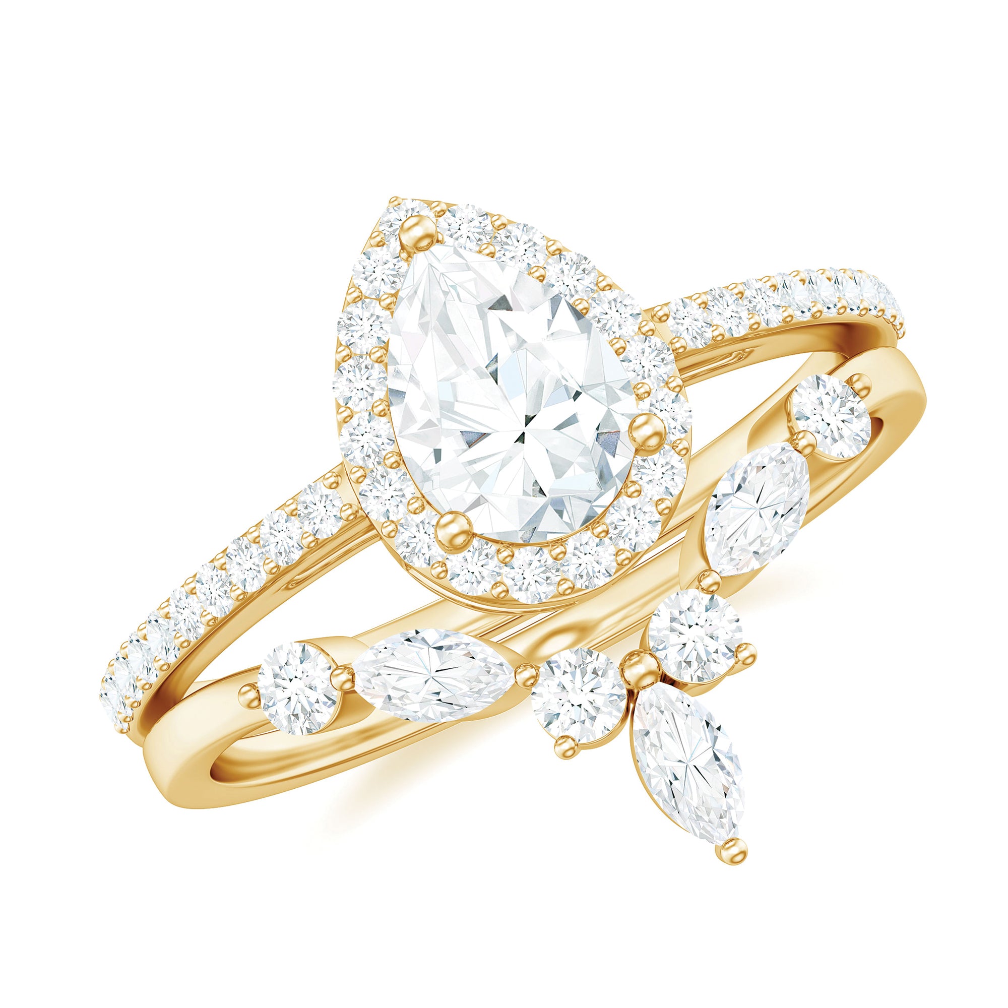 Pear Cut Moissanite Halo Bridal Ring Set with Certificate D-VS1 - Rosec Jewels