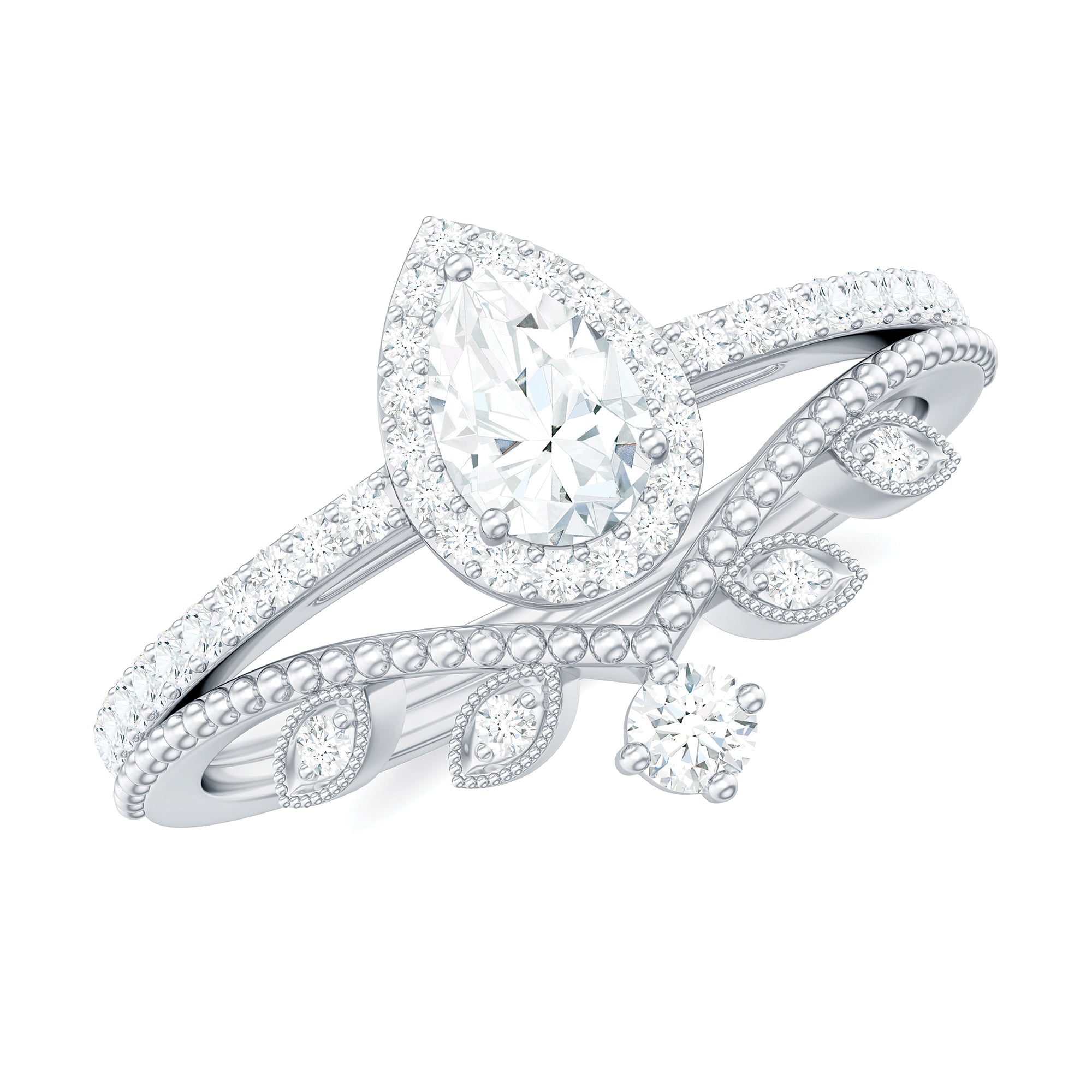 Rosec Jewels-Vintage Style Moissanite Teardrop Wedding Ring Set