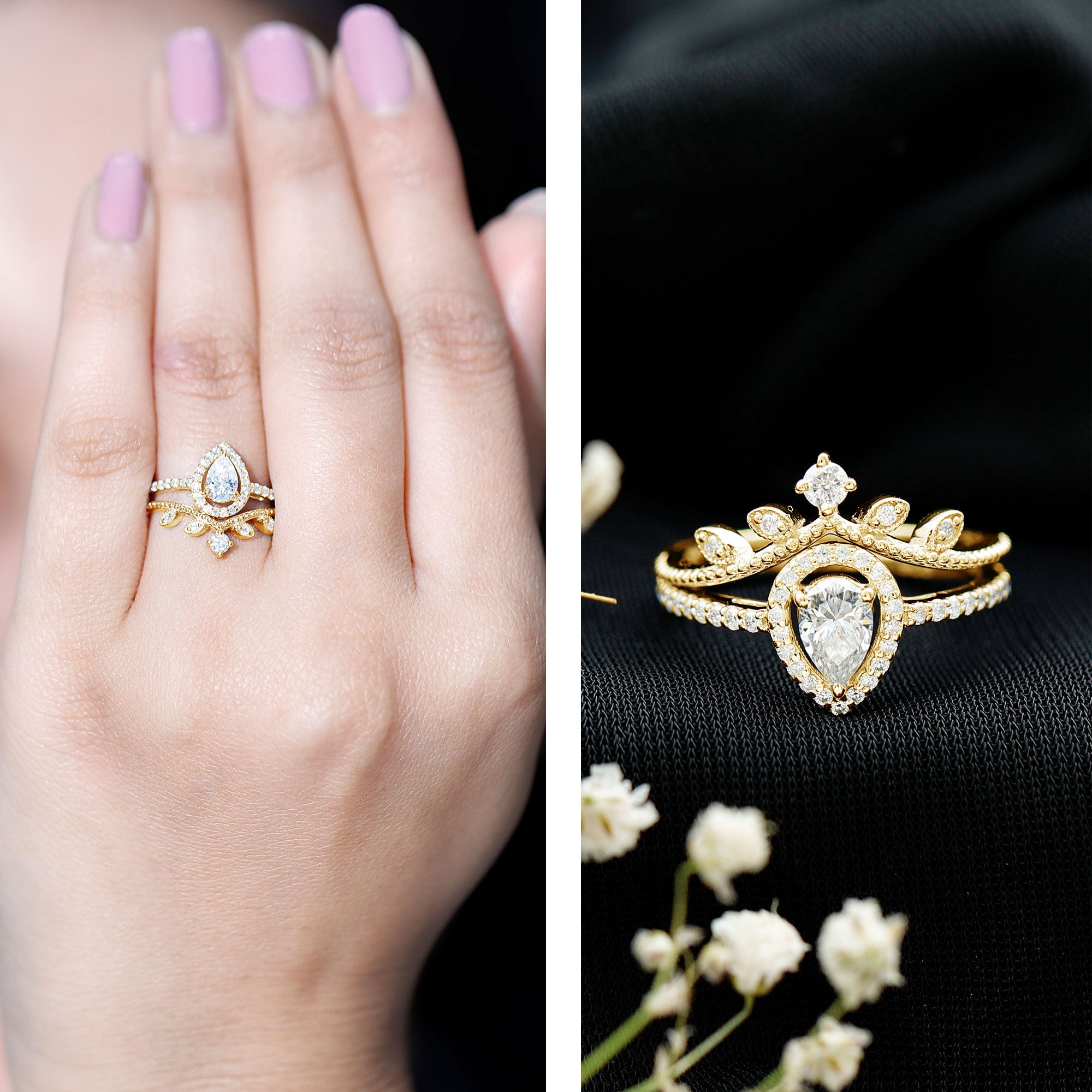 Rosec Jewels-Vintage Style Moissanite Teardrop Wedding Ring Set