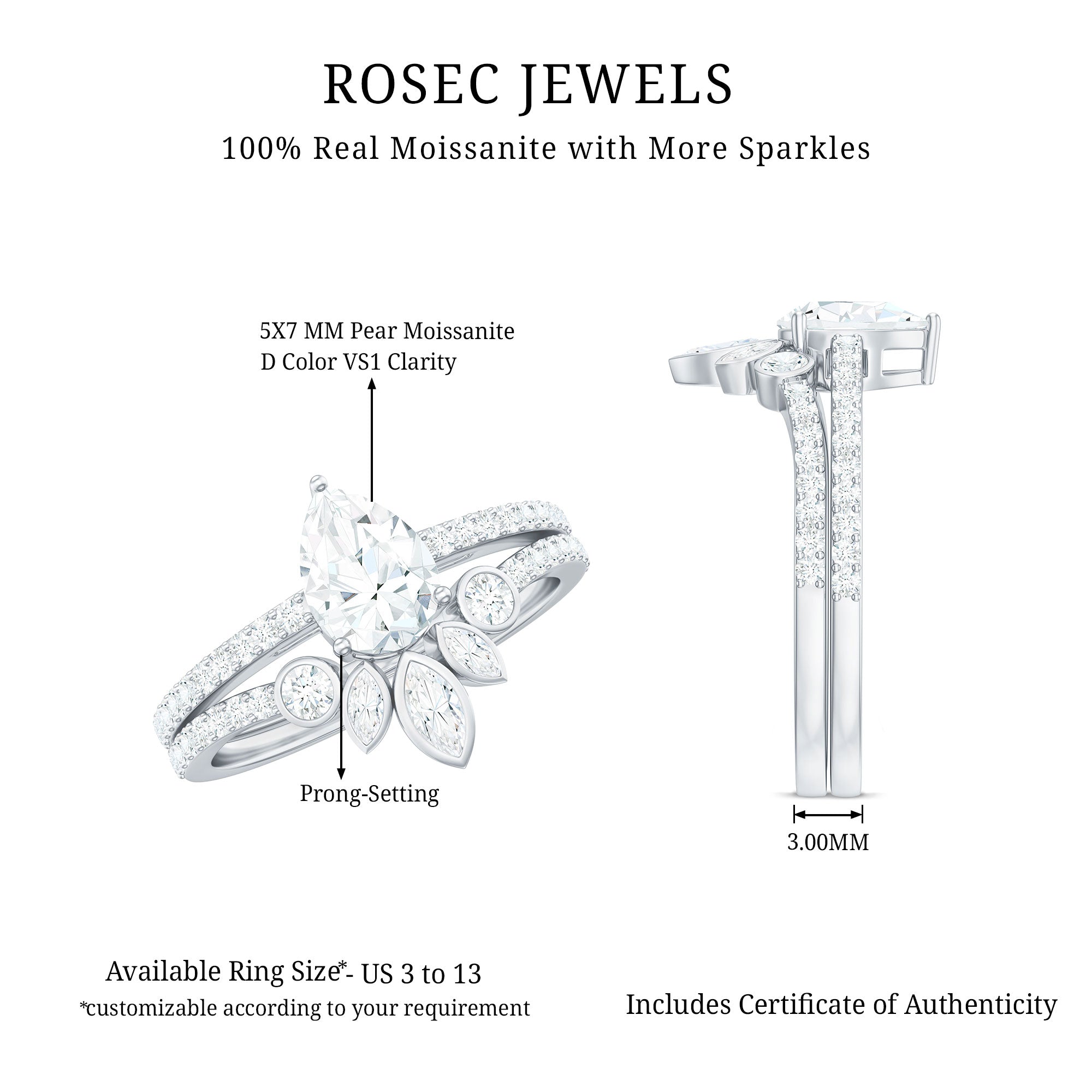 Pear Cut Moissanite Solitaire Bridal Ring Set with Certificate D-VS1 - Rosec Jewels