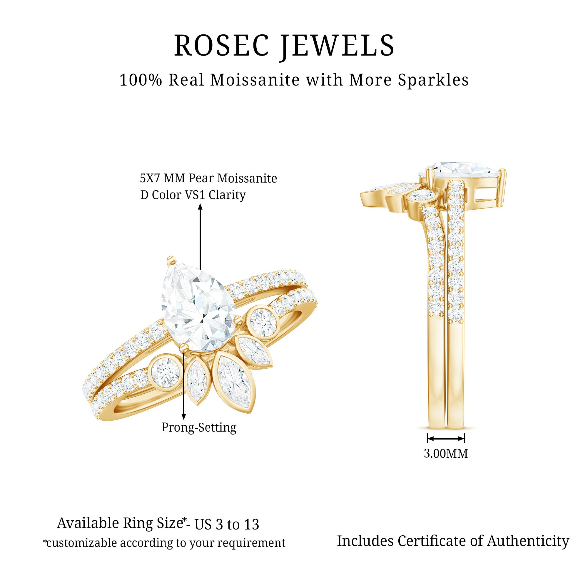 Pear Cut Moissanite Solitaire Bridal Ring Set with Certificate D-VS1 - Rosec Jewels