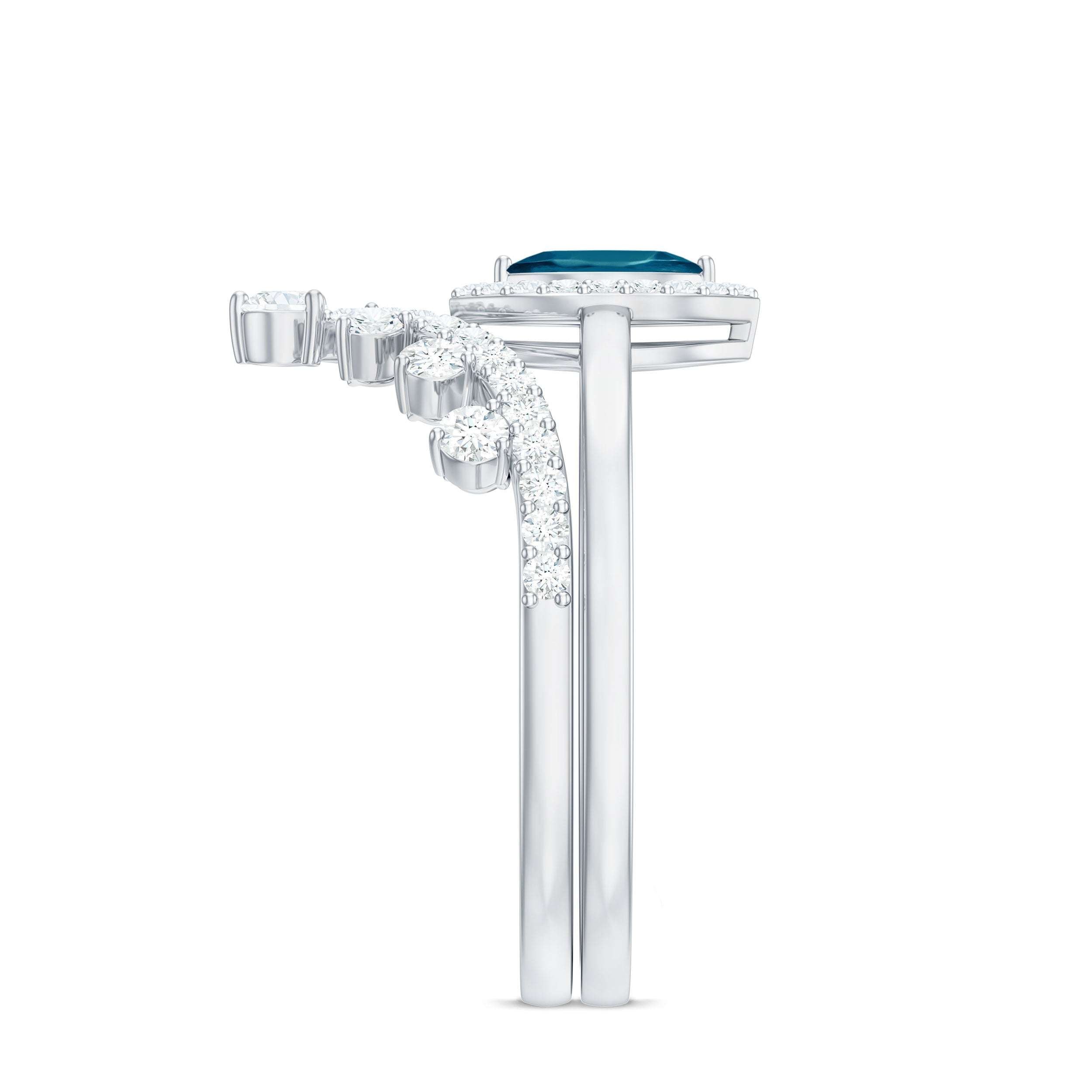Marquise Cut London Blue Topaz Halo Wedding Ring Set with Diamond Band AAA - Rosec Jewels
