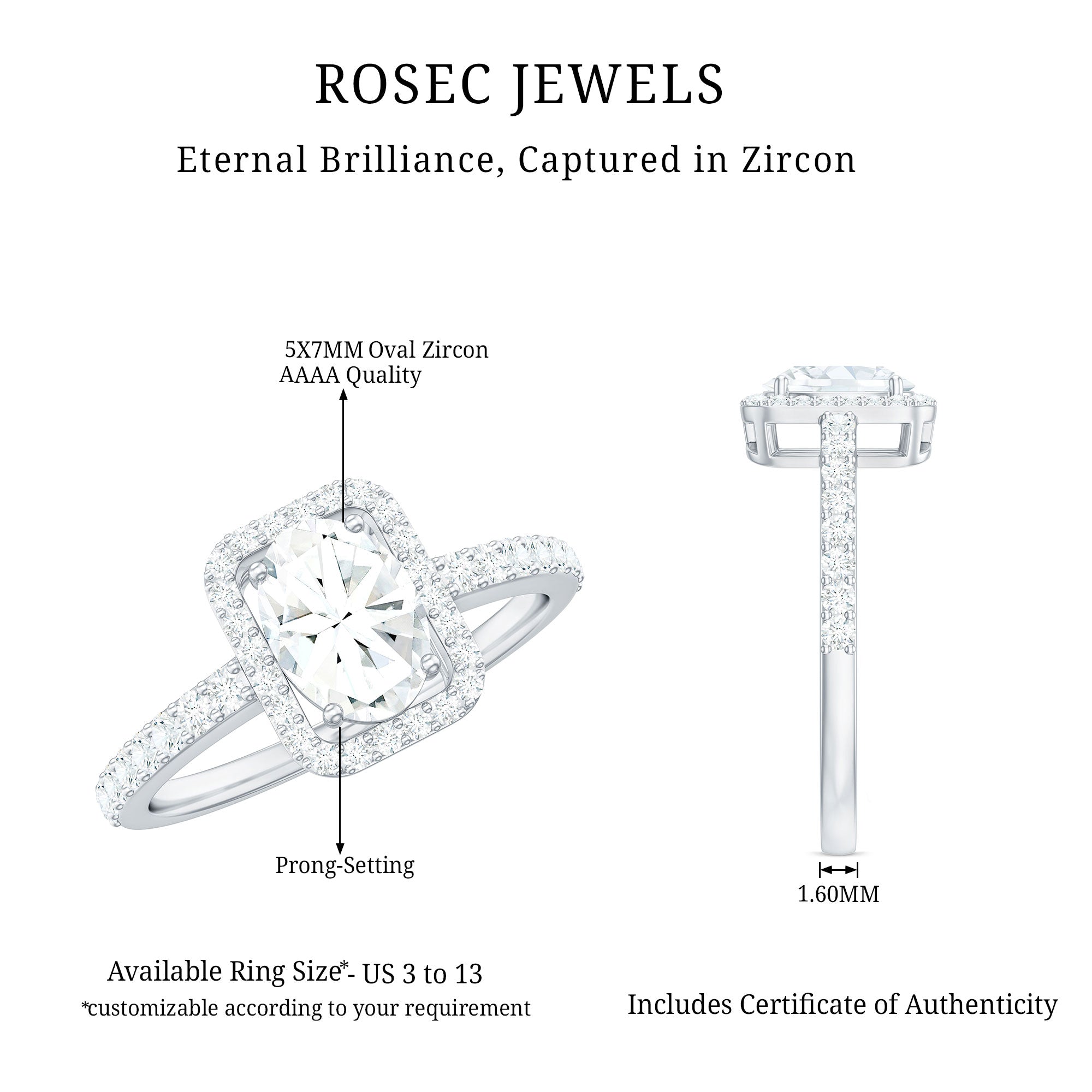 2 CT Oval Cut Zircon Halo Engagement Ring with Side Stones AAAA - Rosec Jewels