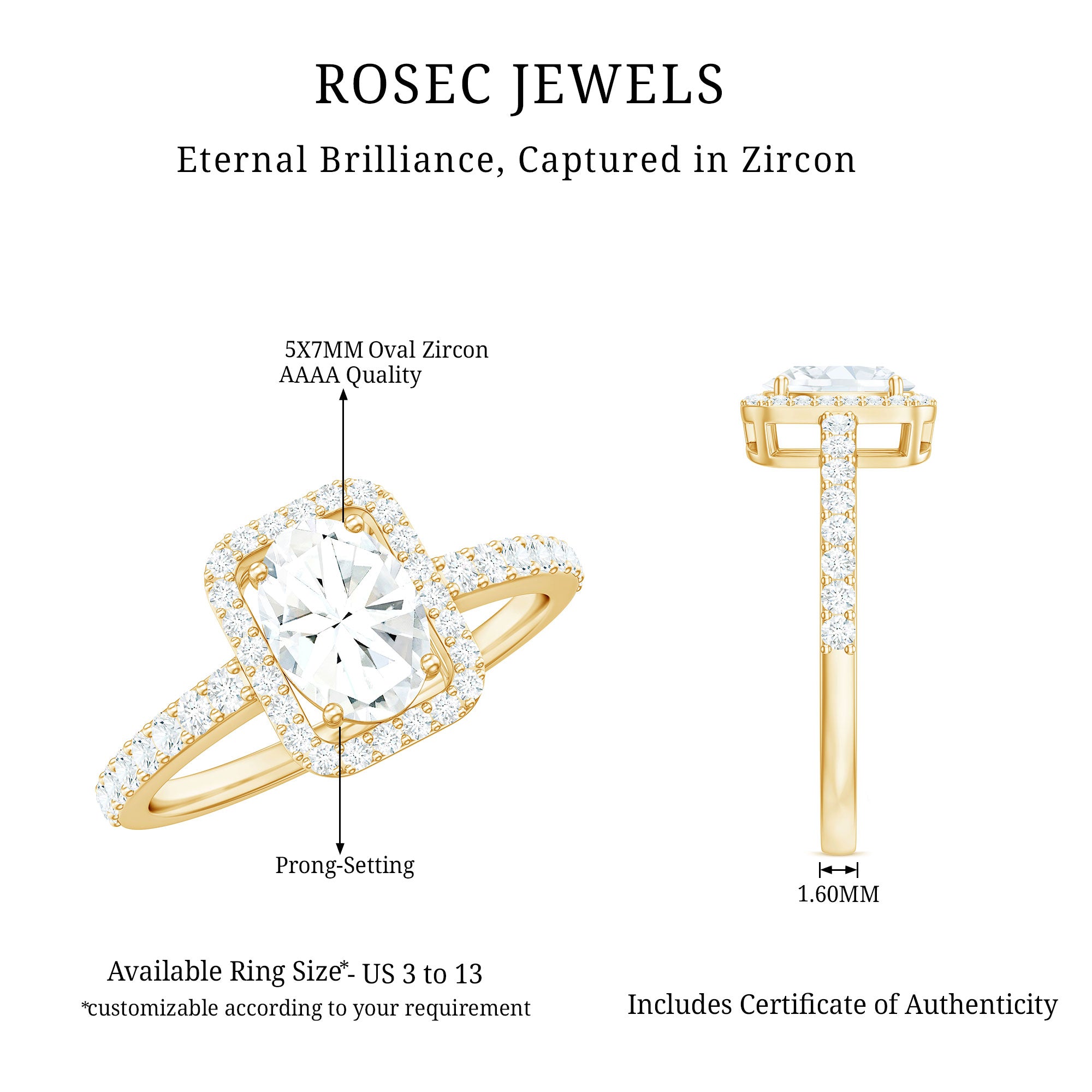 2 CT Oval Cut Zircon Halo Engagement Ring with Side Stones AAAA - Rosec Jewels