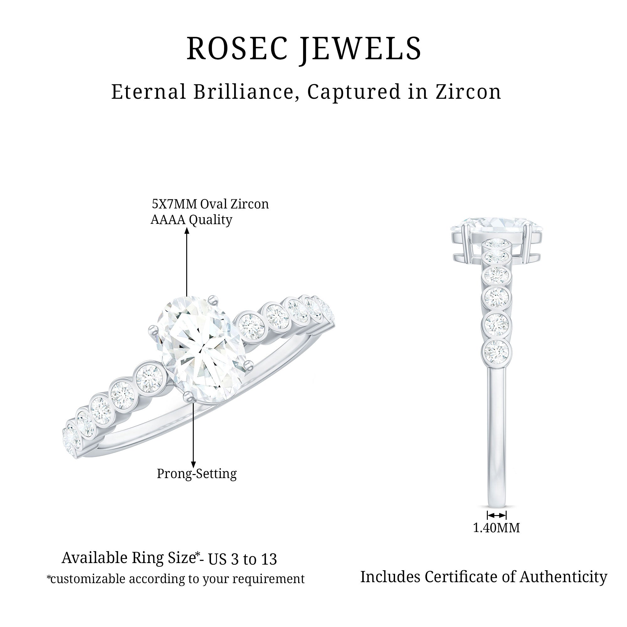 1.75 CT Prong Set Oval Cubic Zirconia Solitaire Engagement Ring AAAA - Rosec Jewels