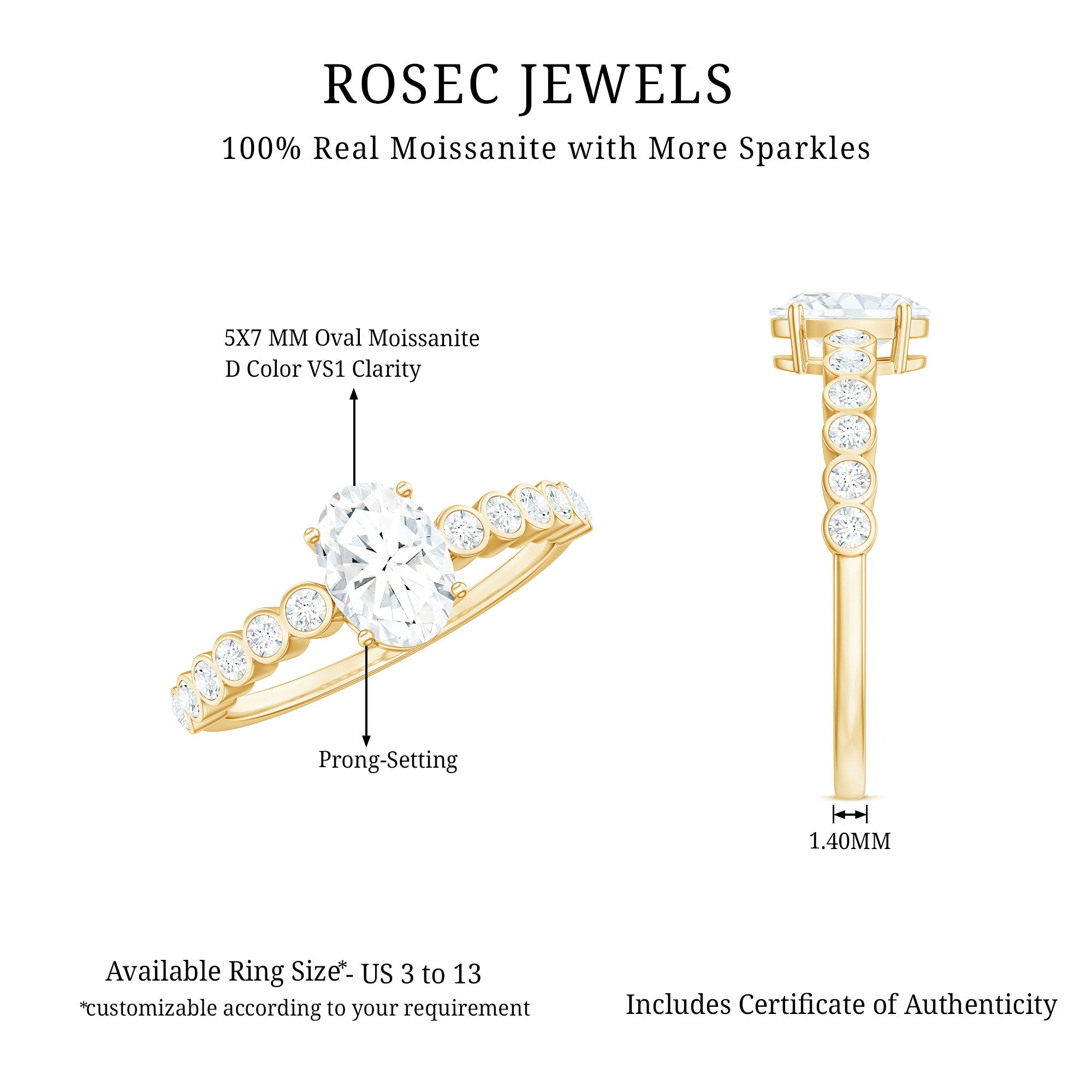 Rosec Jewels-Oval Cut Moissanite Engagement Ring with Side Stones