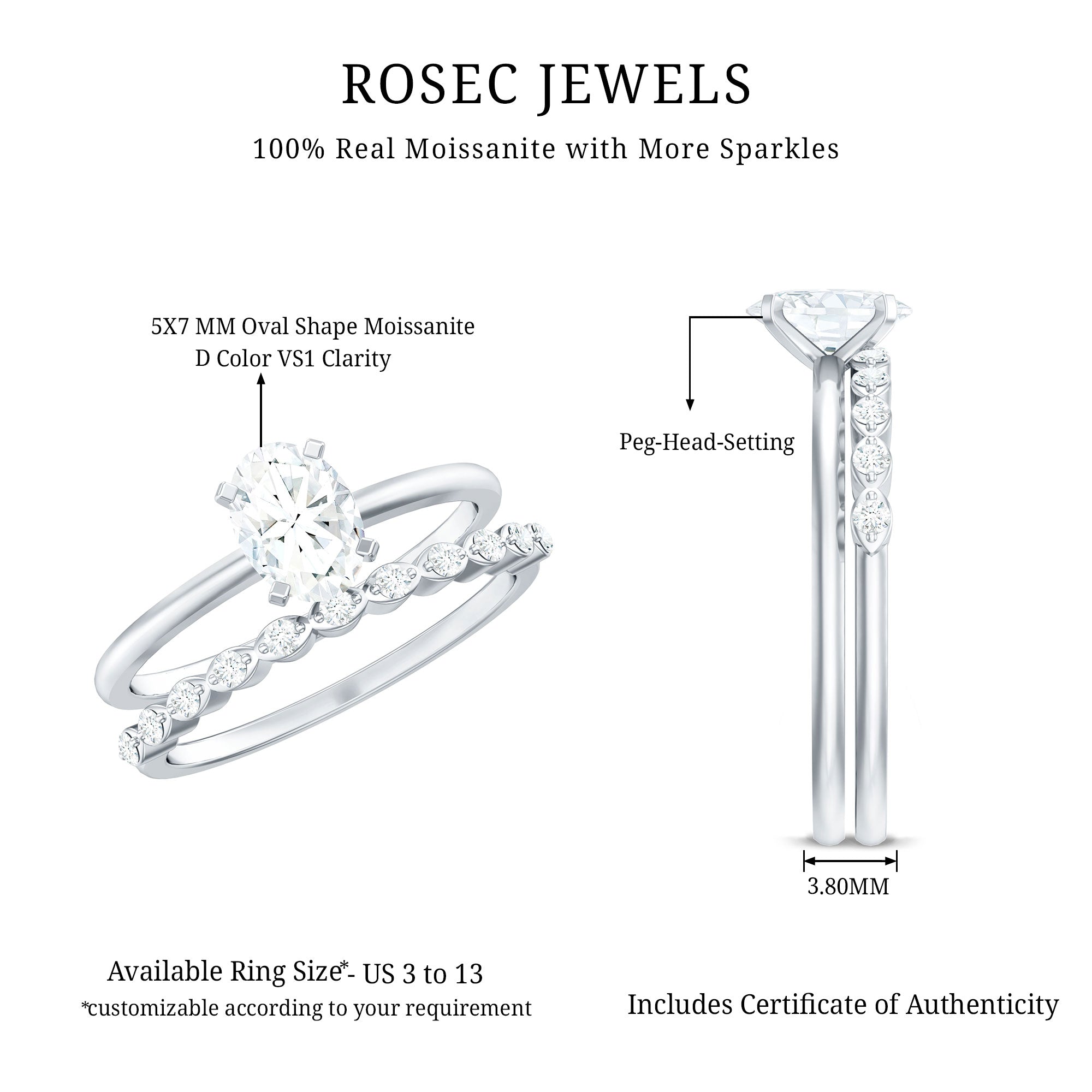 Oval Cut Moissanite Solitaire Bridal Ring Set for Women D-VS1 - Rosec Jewels