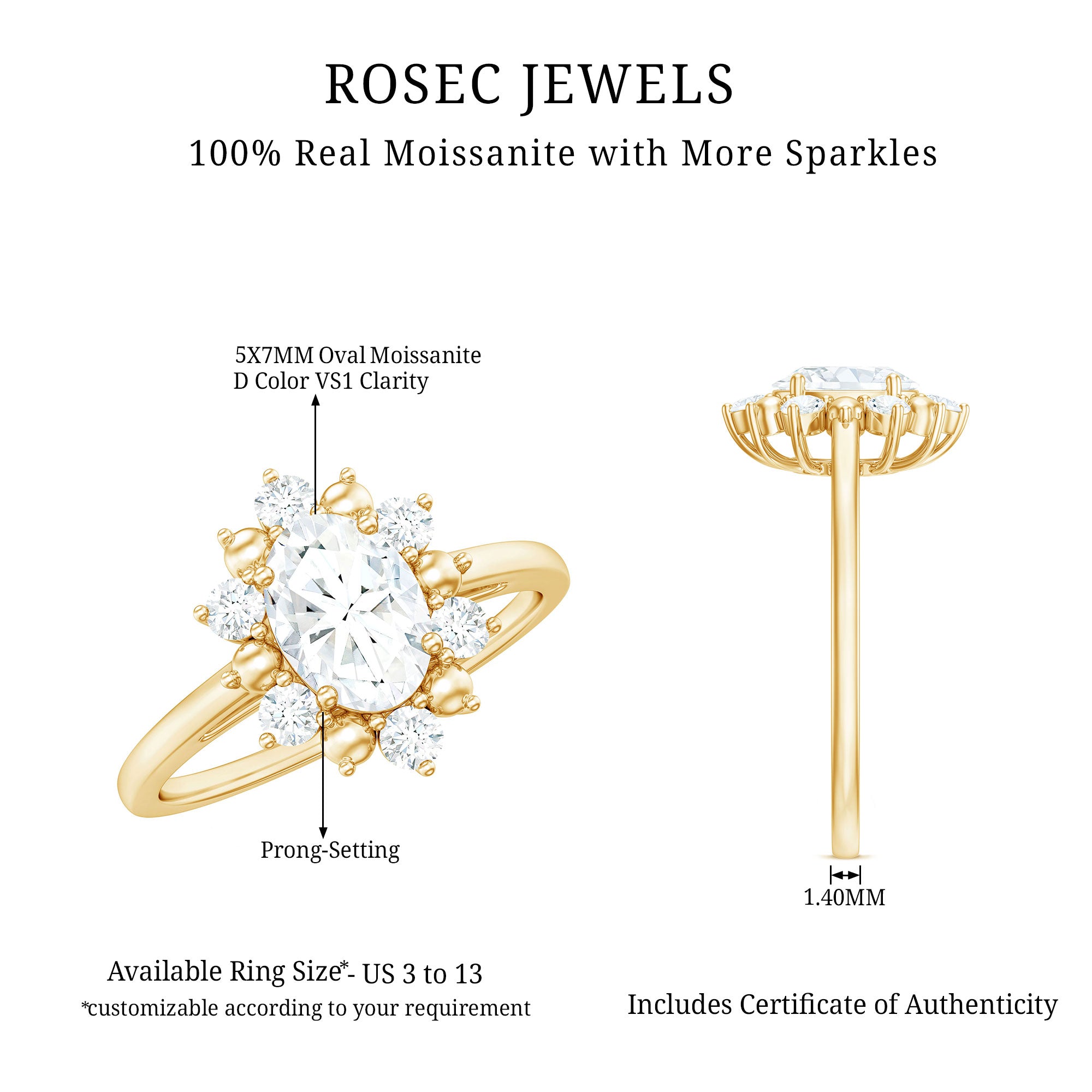 Rosec Jewels-Certified Oval Moissanite Flower Halo Engagement Ring