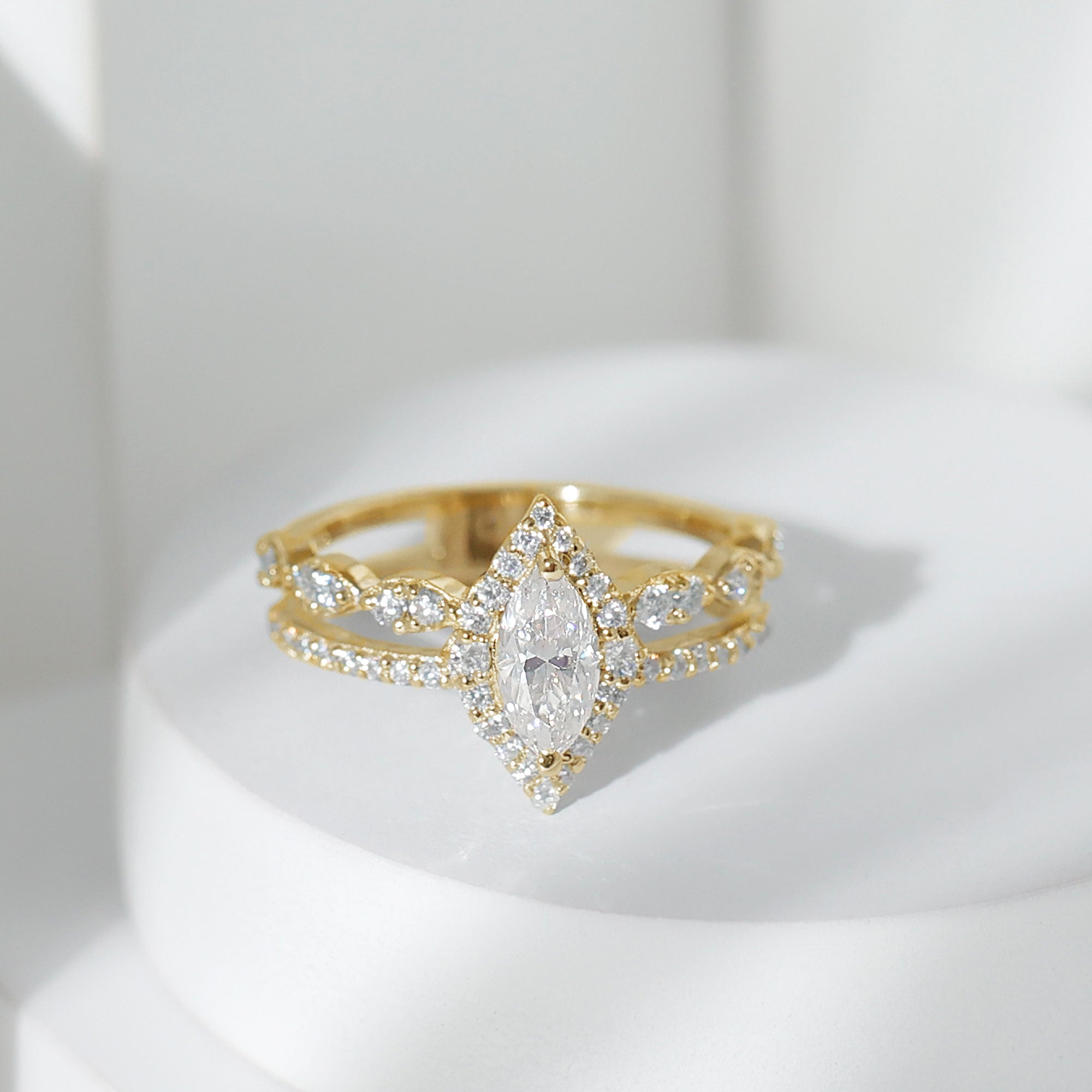 Rosec Jewels-Marquise Cut Moissanite Double Band Engagement Ring with Certificate