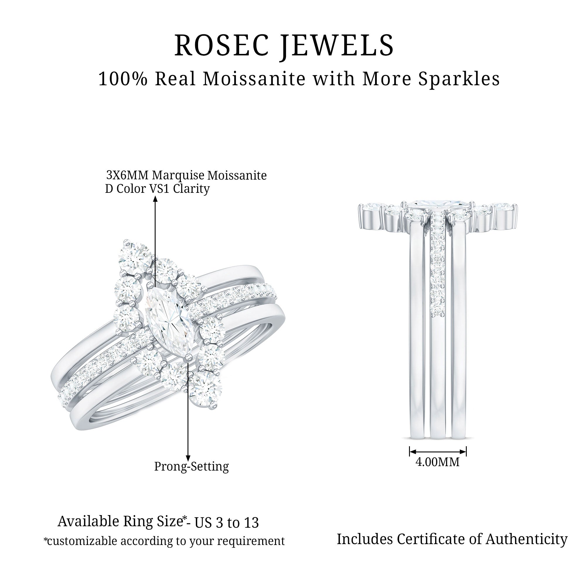 Rosec Jewels-Marquise Cut Moissanite Solitaire Trio Ring Set