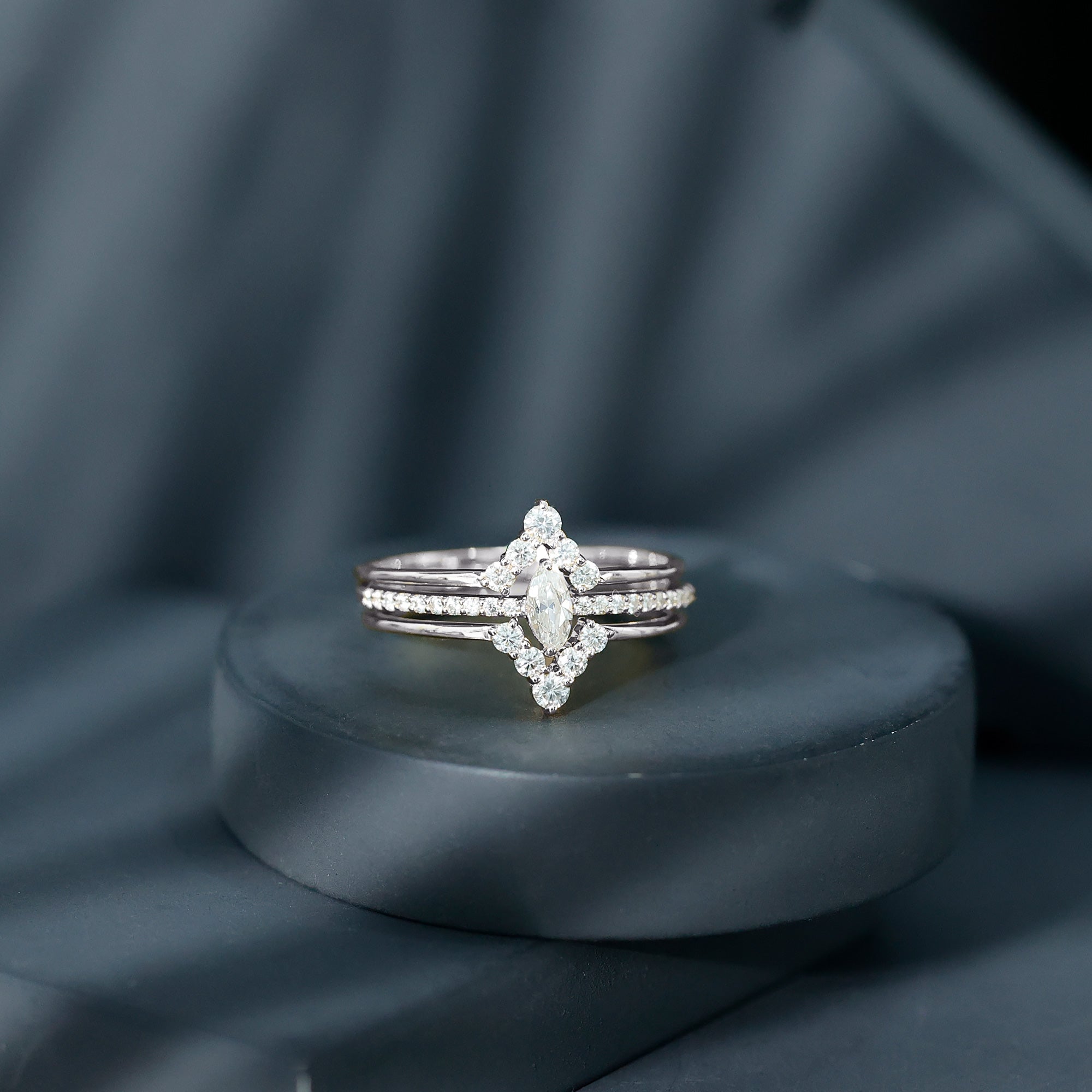 Rosec Jewels-Marquise Cut Moissanite Solitaire Trio Ring Set