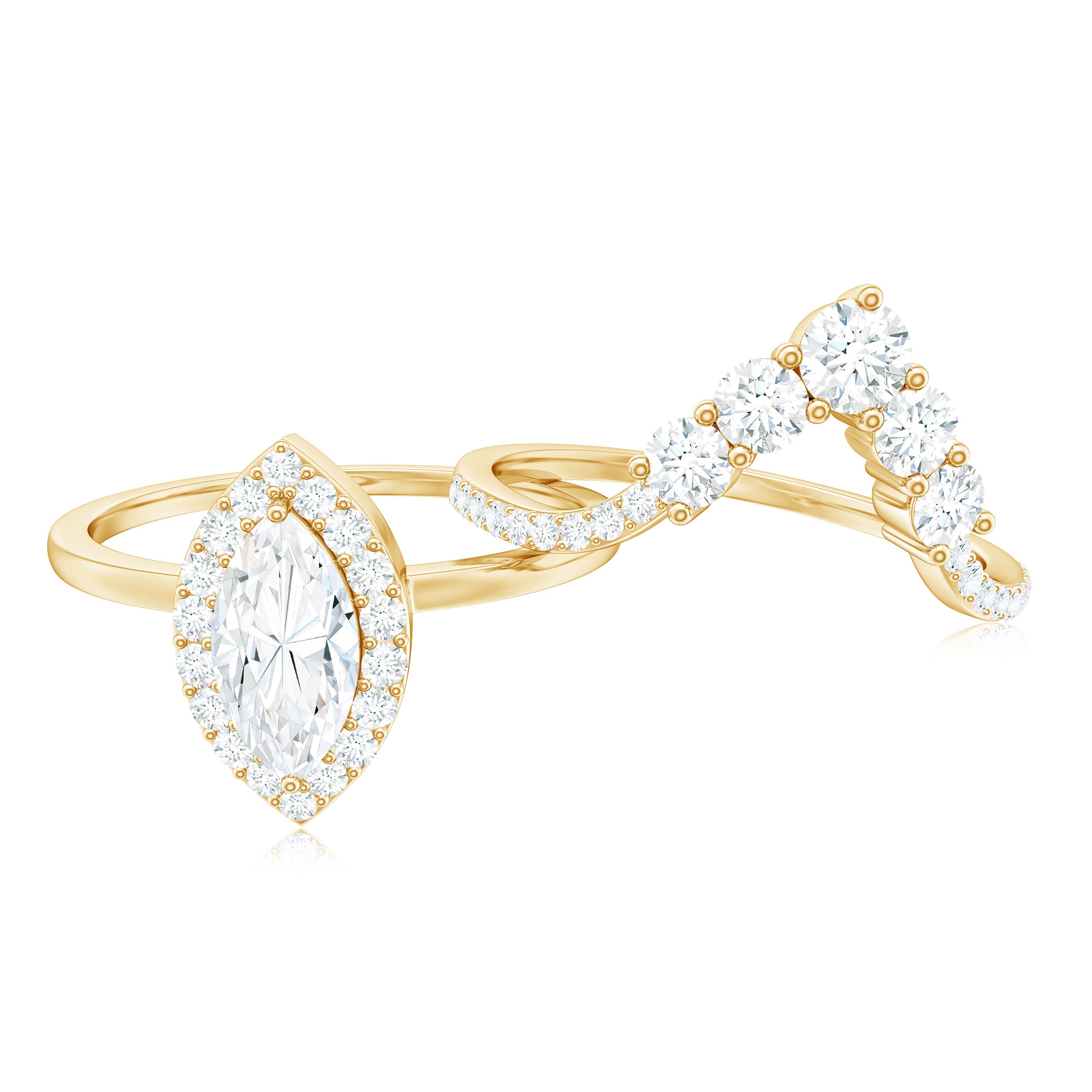 Rosec Jewels-Marquise Cut Moissanite Halo Engagement Ring with Chevron Wedding Band