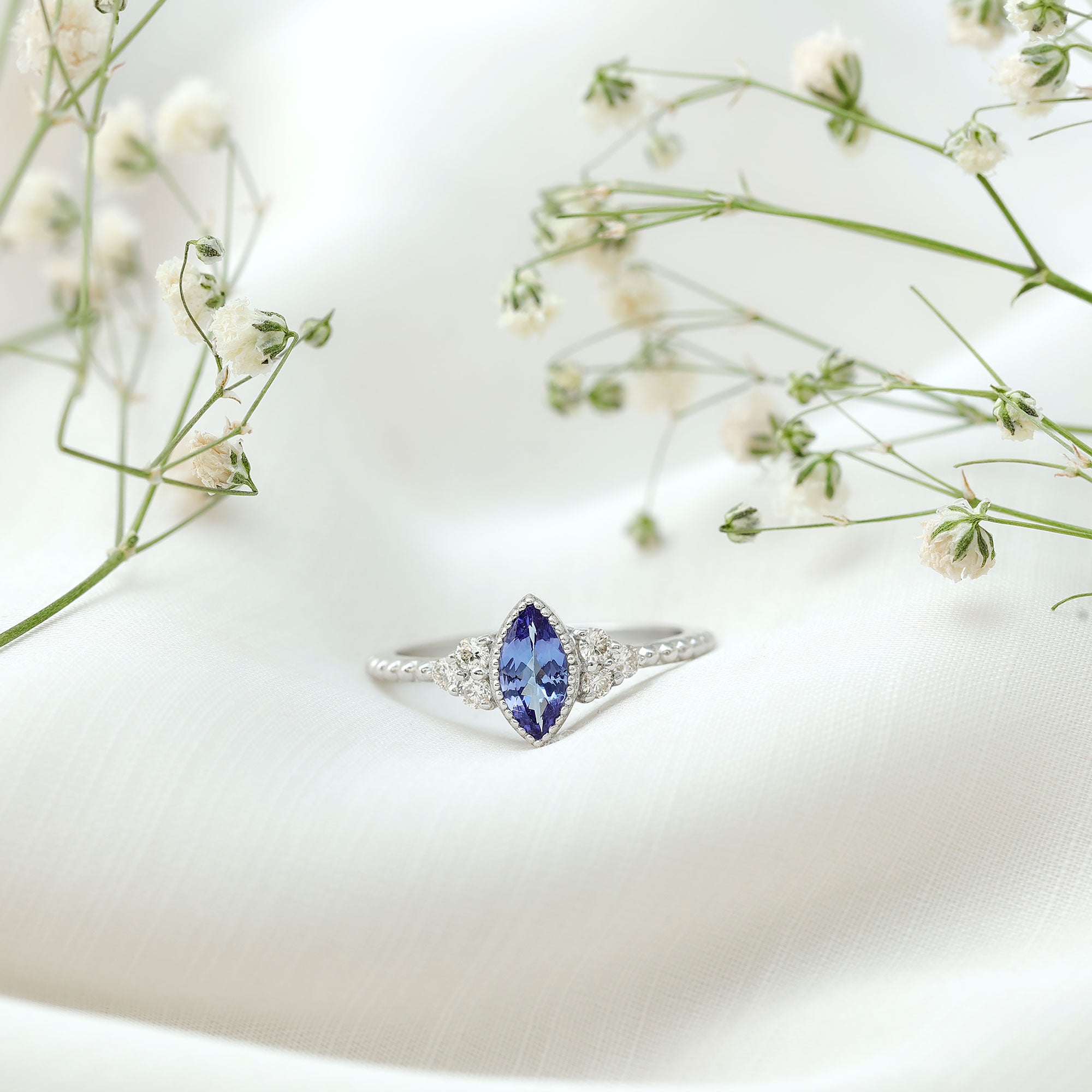 Vintage Style Marquise Tanzanite Promise Ring with Diamond Trio AAA - Rosec Jewels