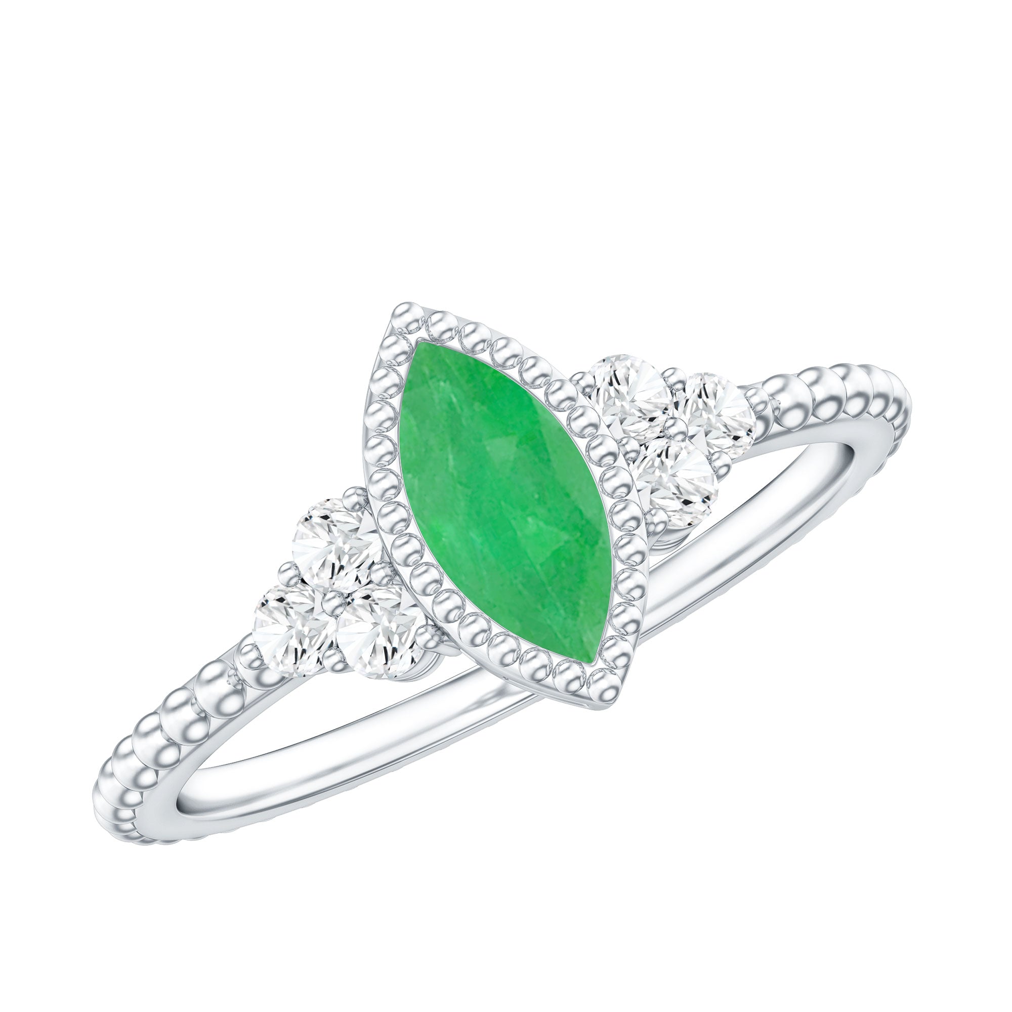 Vintage Inspired Emerald Promise Engagement Ring with Trio Diamond AAA - Rosec Jewels