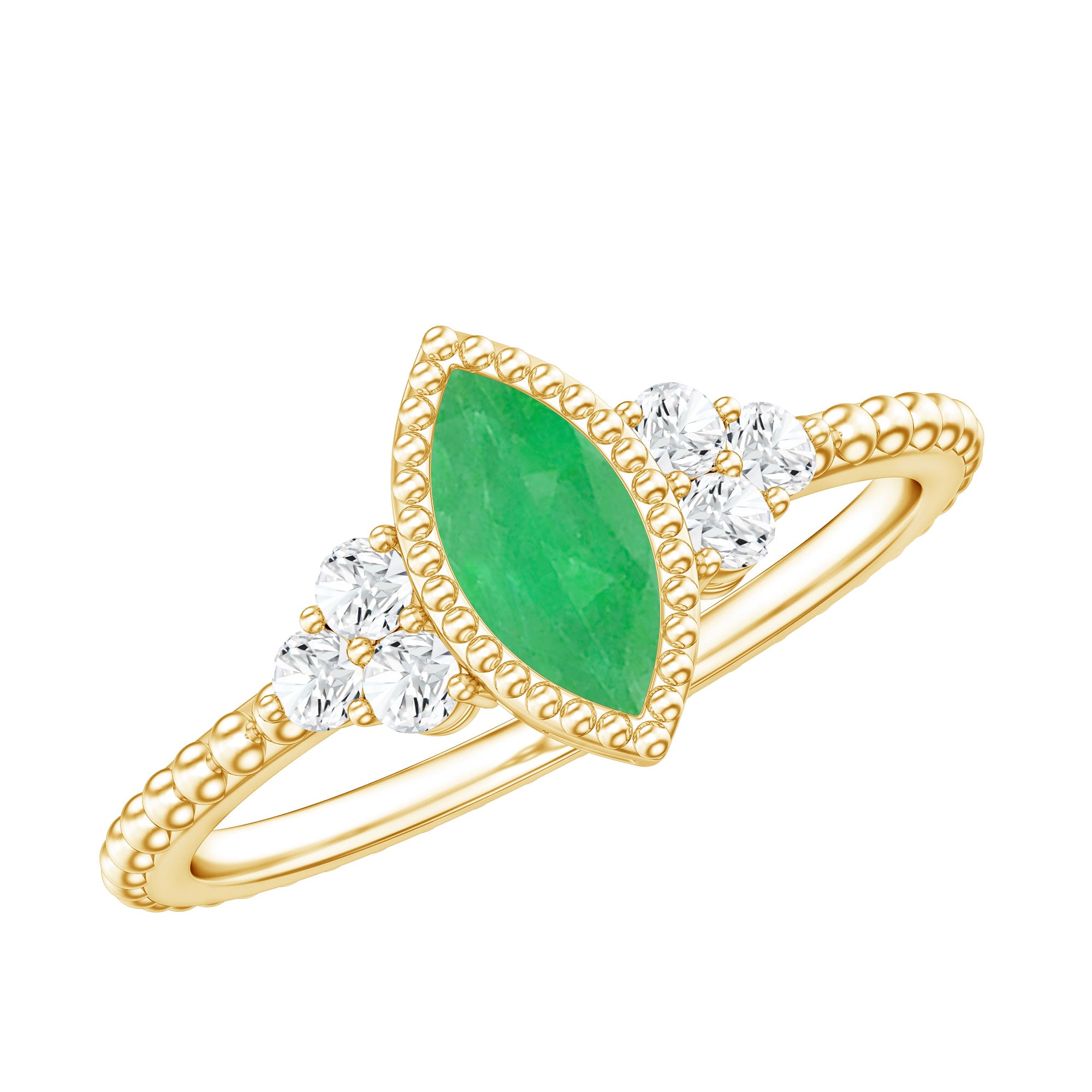 Vintage Inspired Emerald Promise Engagement Ring with Trio Diamond AAA - Rosec Jewels