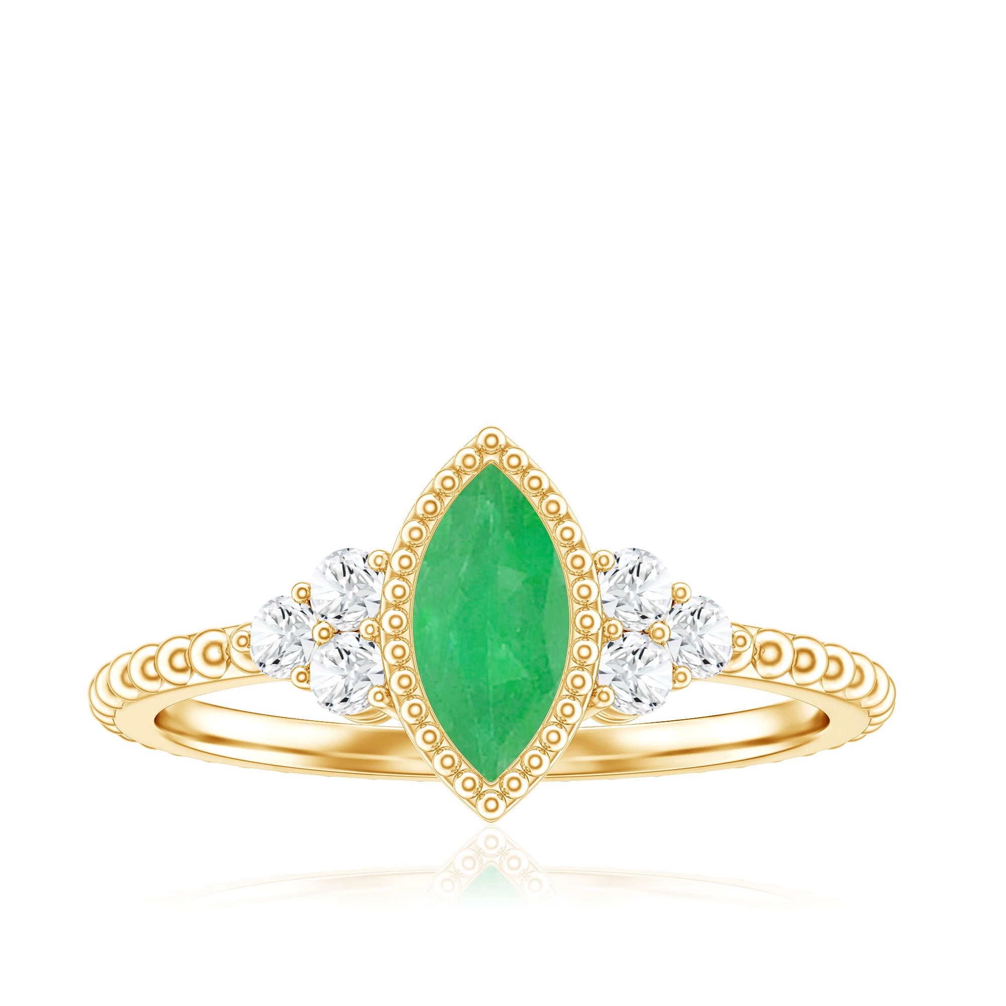 Vintage Inspired Emerald Promise Engagement Ring with Trio Diamond AAA - Rosec Jewels