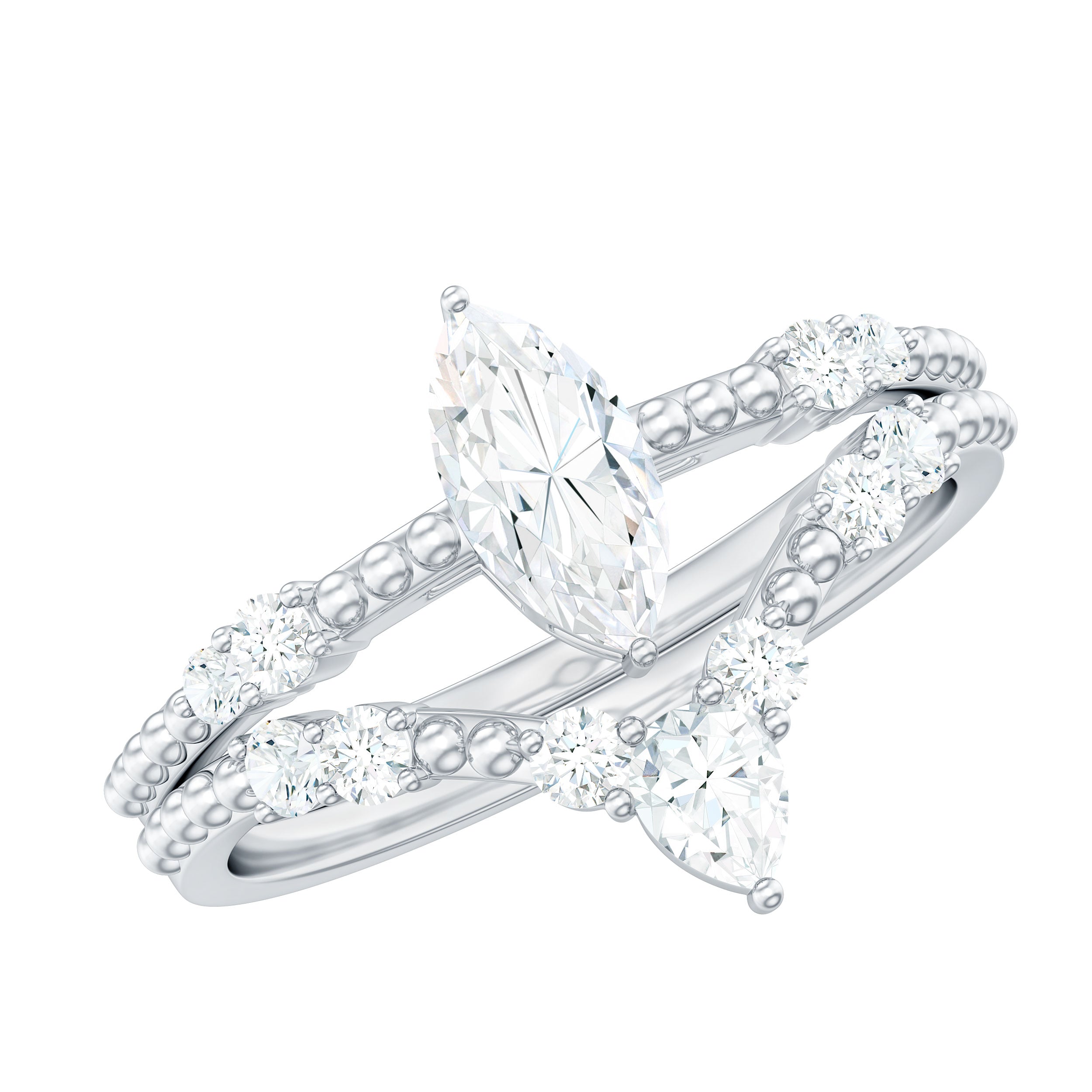 Marquise Cut Moissanite Wedding Ring Set with Beaded Detail D-VS1 - Rosec Jewels