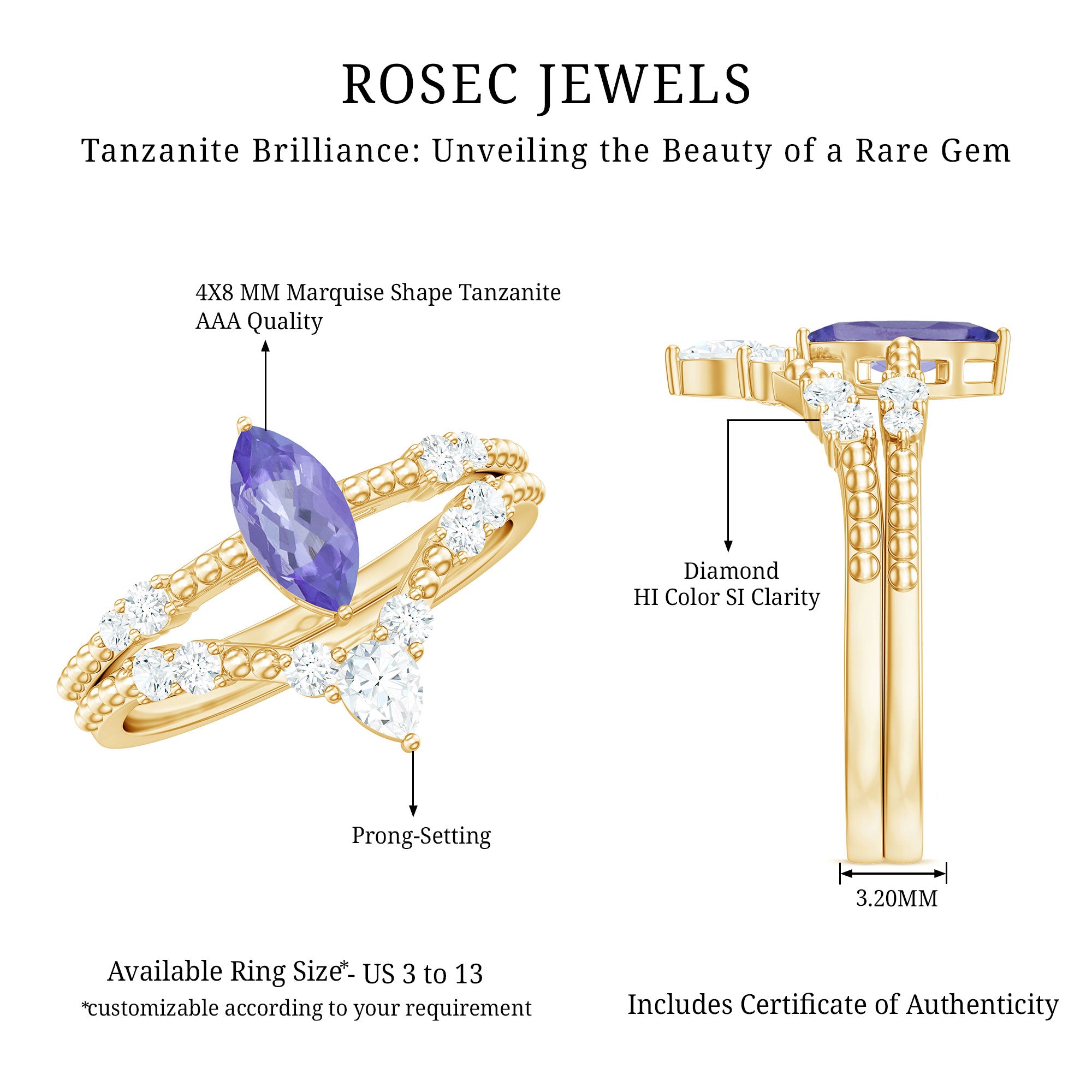Natural Marquise Tanzanite Diamond Engagement Ring Set AAA - Rosec Jewels