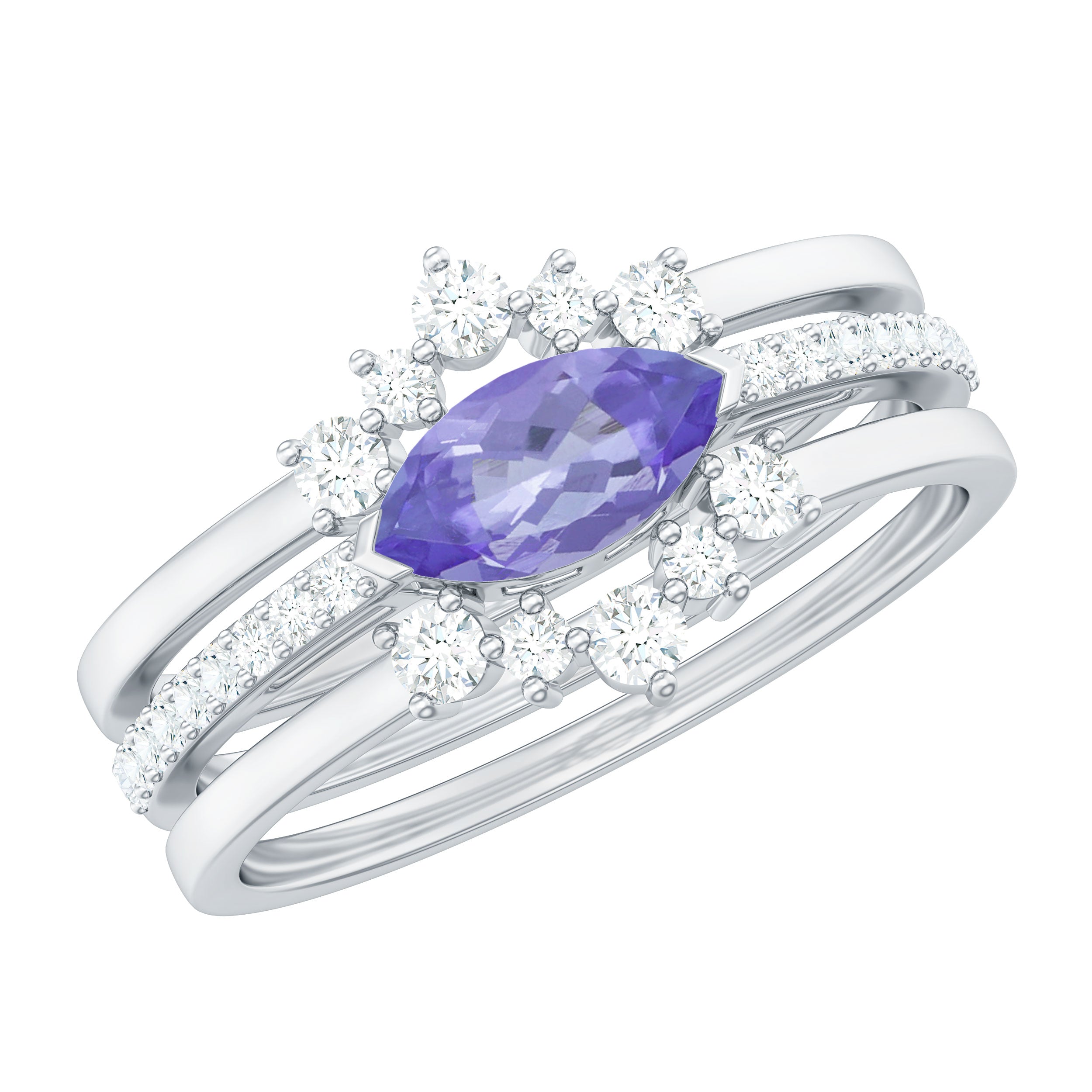Certified Marquise Tanzanite and Diamond Stackable Ring Set of 3