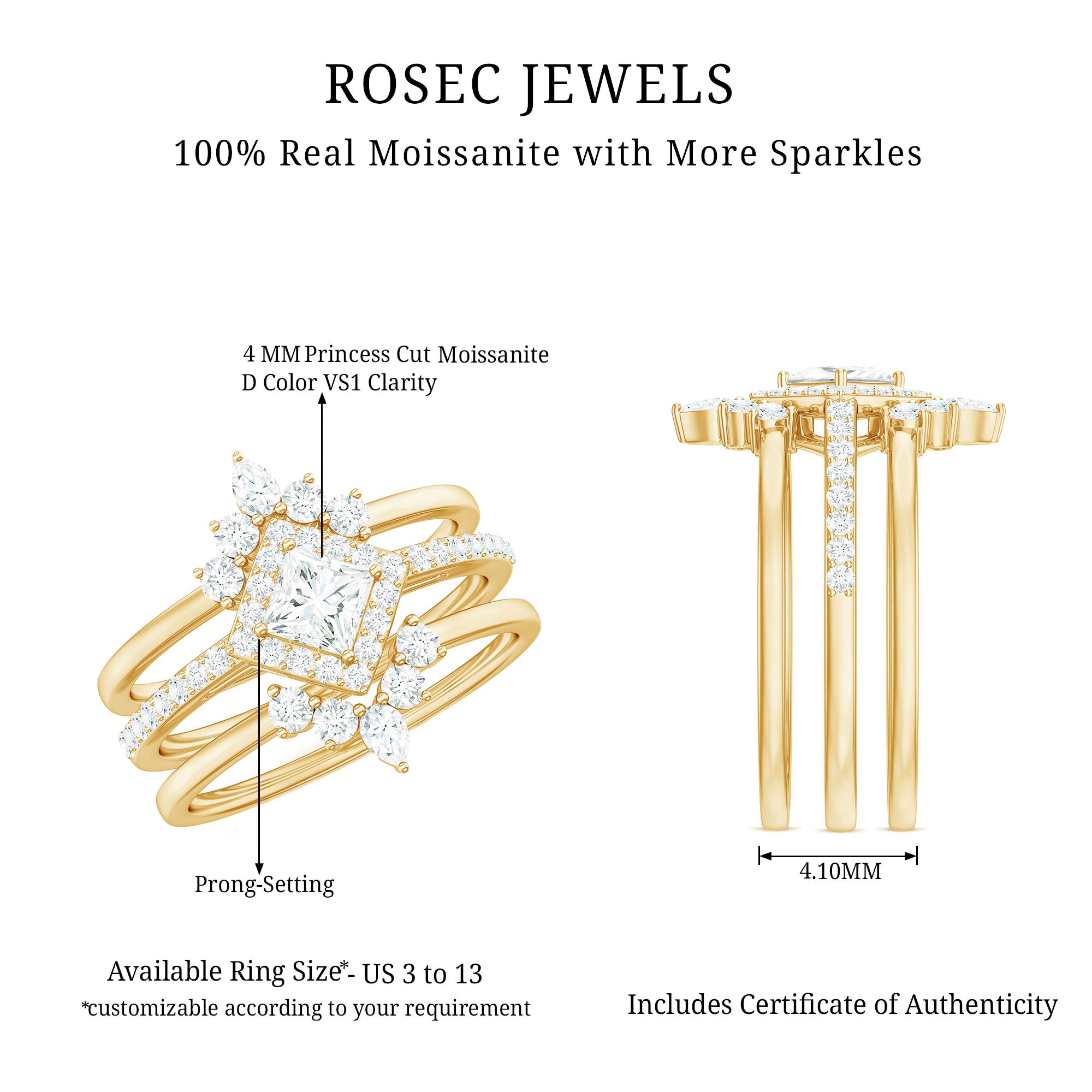Princess Cut Moissanite Trio Bridal Ring Set with Certificate D-VS1 - Rosec Jewels