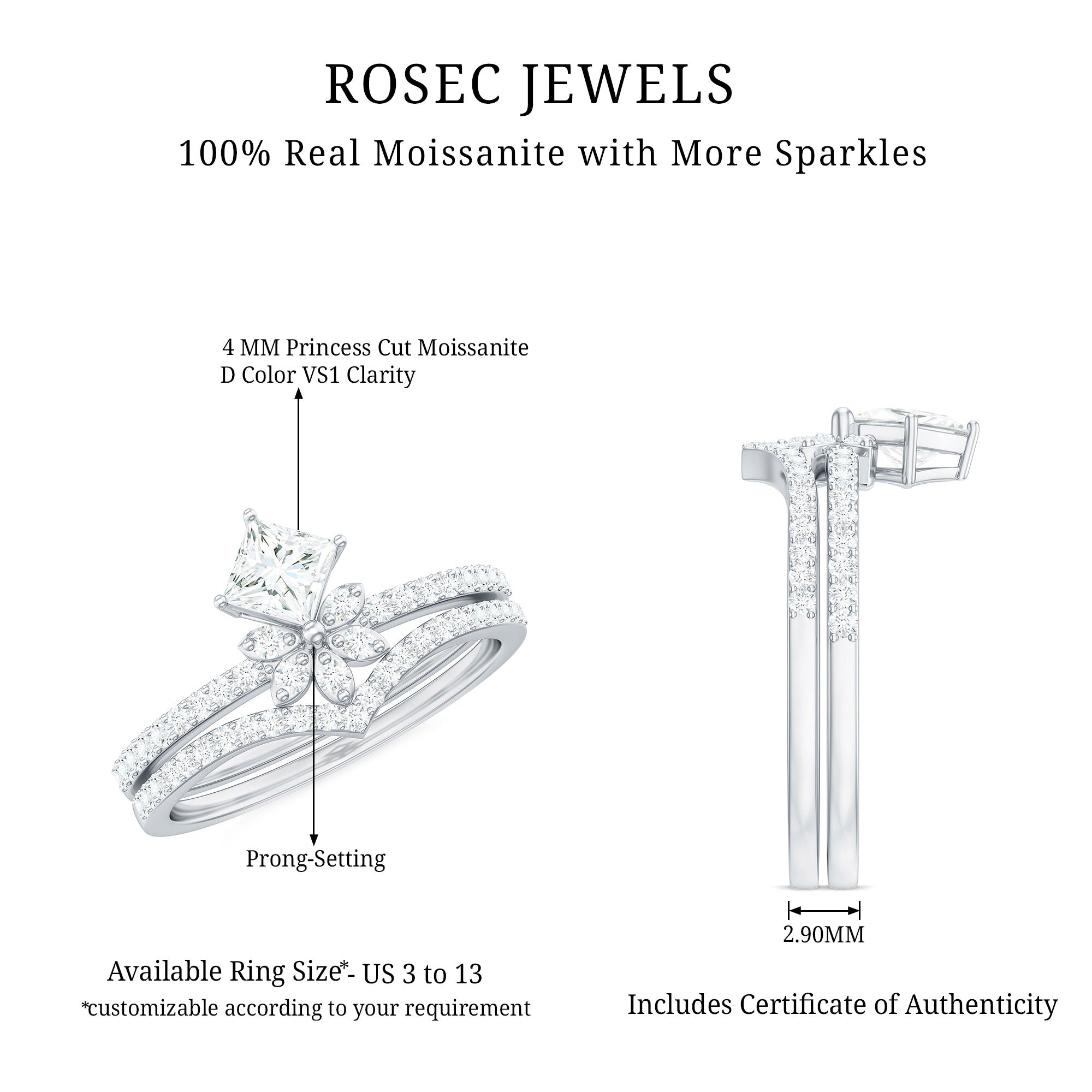 Princess Cut Certified Moissanite Flower Wedding Ring Set D-VS1 - Rosec Jewels