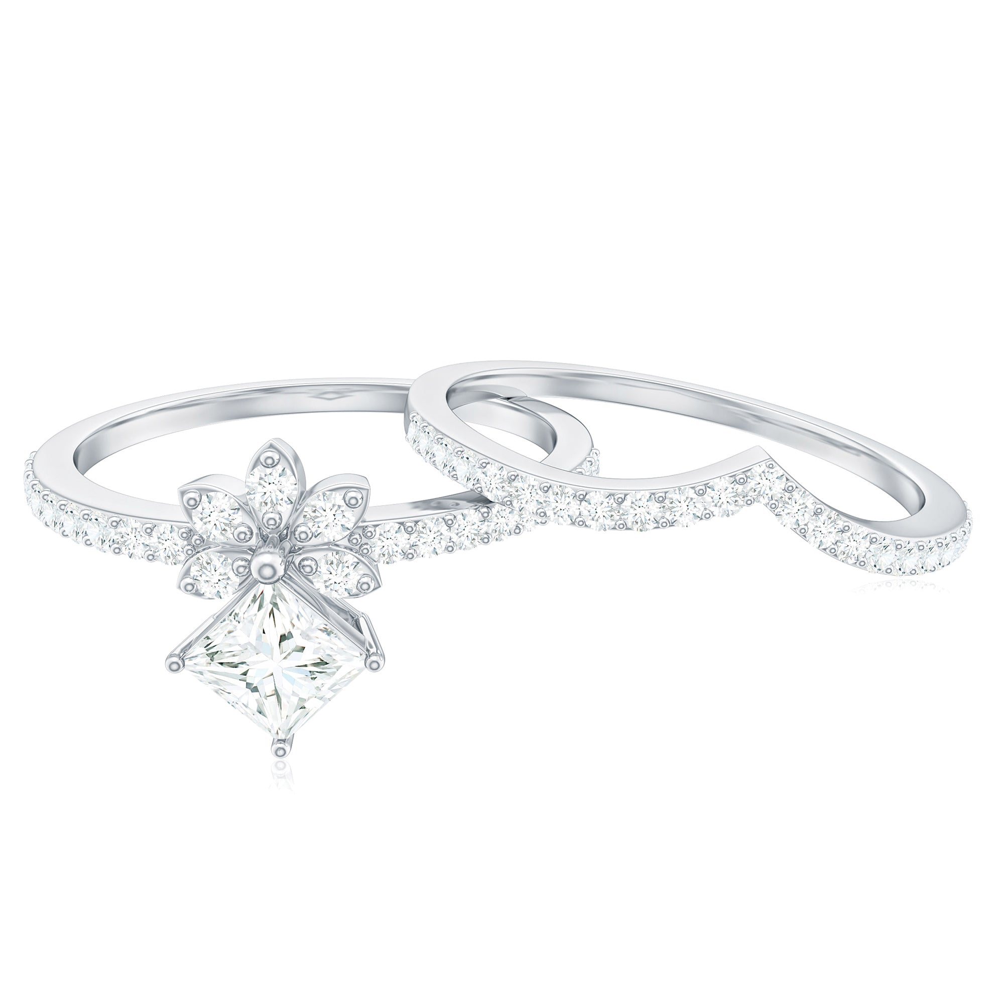 Princess Cut Certified Moissanite Flower Wedding Ring Set D-VS1 - Rosec Jewels