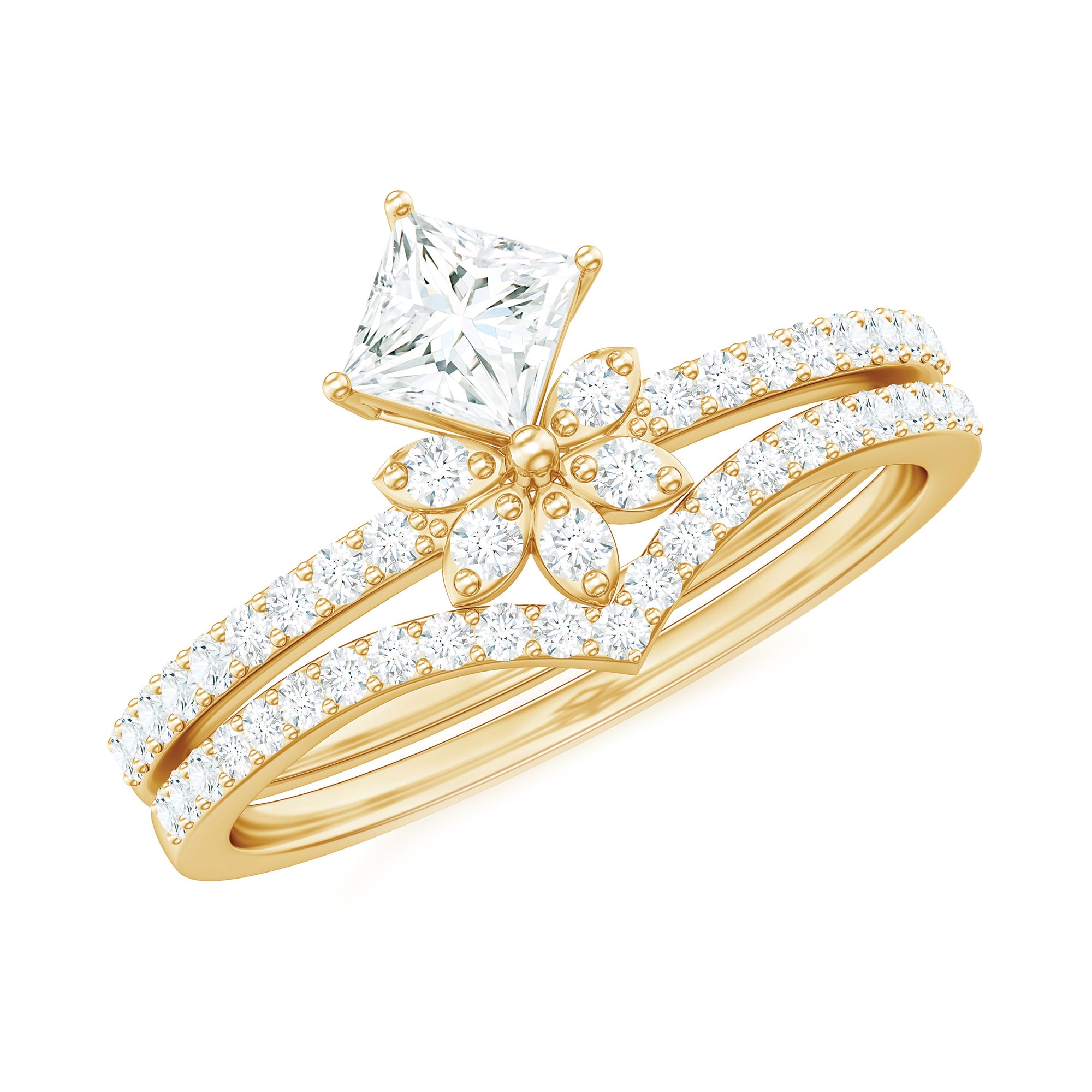 Princess Cut Certified Moissanite Flower Wedding Ring Set D-VS1 - Rosec Jewels