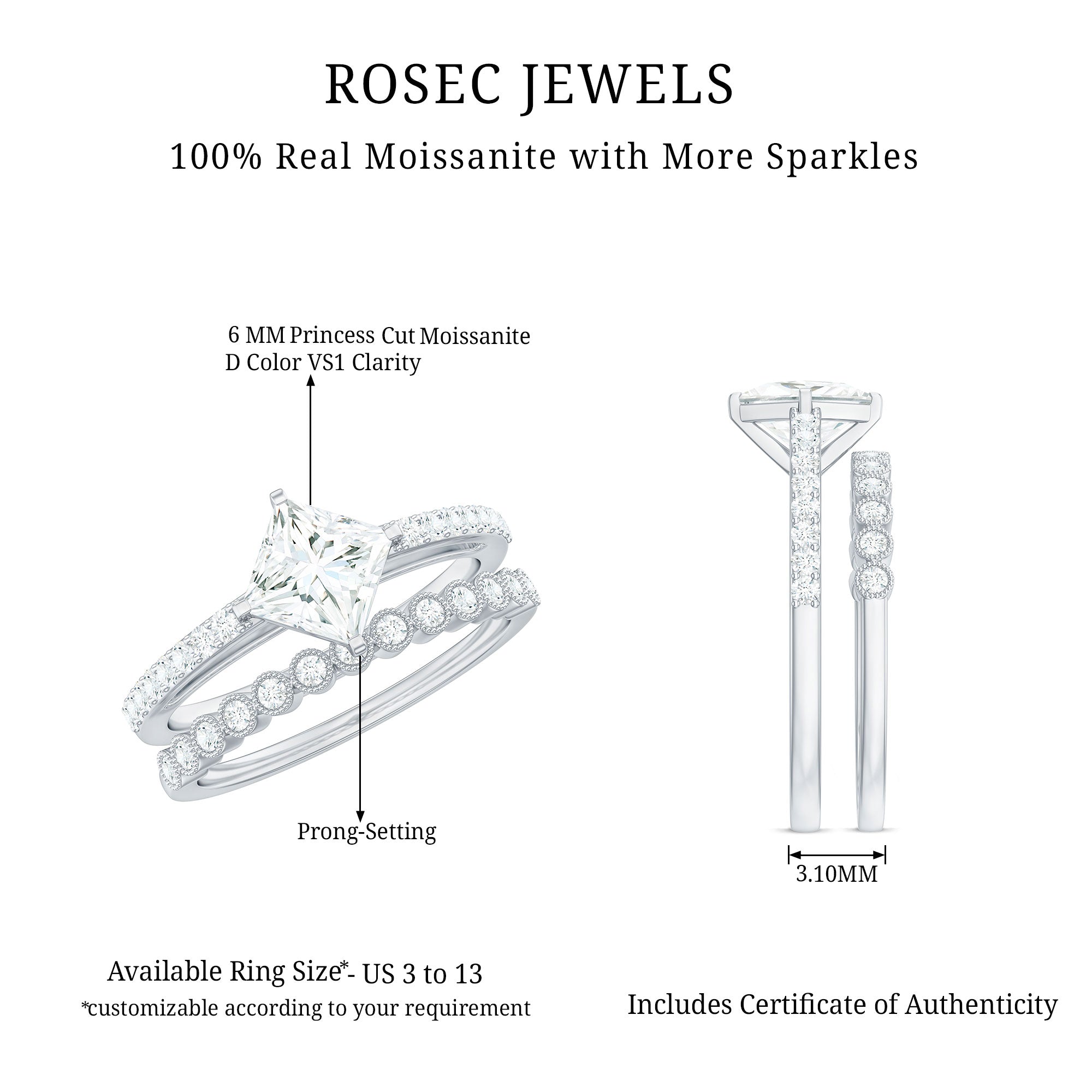 Rosec Jewels-Princess Cut Moissanite Engagement Ring with Wedding Band Set