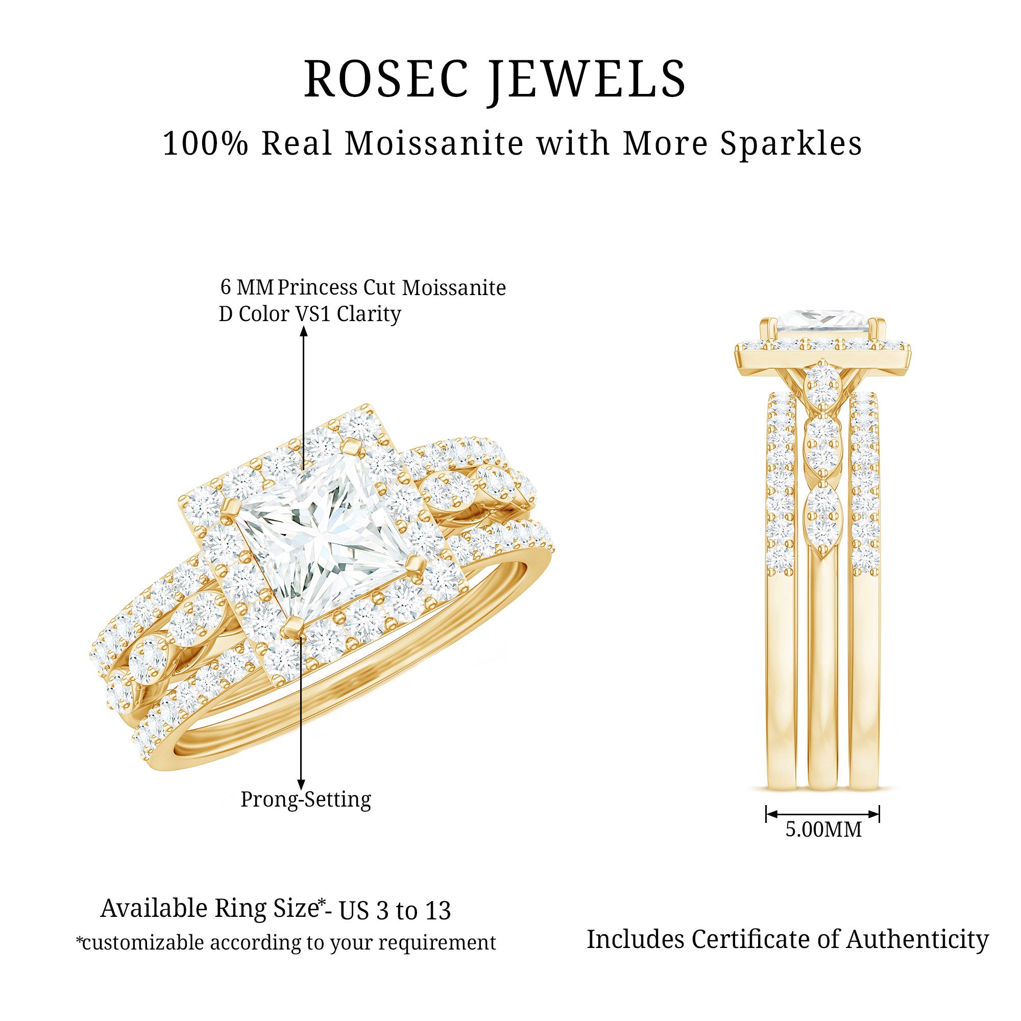 Princess Cut Moissanite Halo Engagement Ring with Wedding Bands D-VS1 - Rosec Jewels