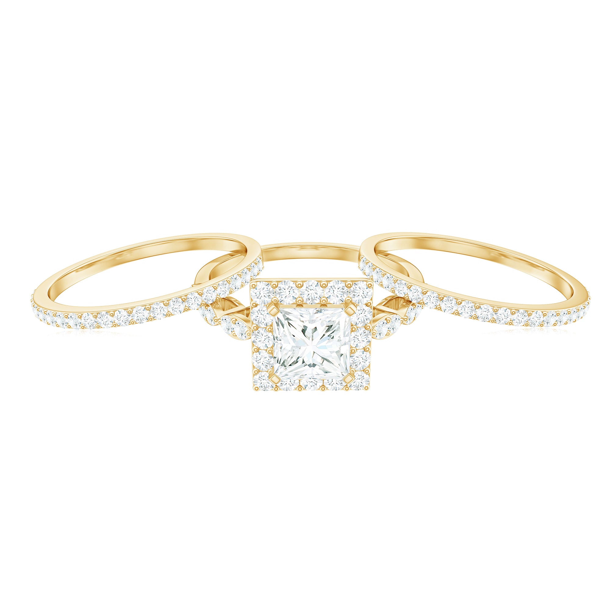 Princess Cut Moissanite Halo Engagement Ring with Wedding Bands D-VS1 - Rosec Jewels