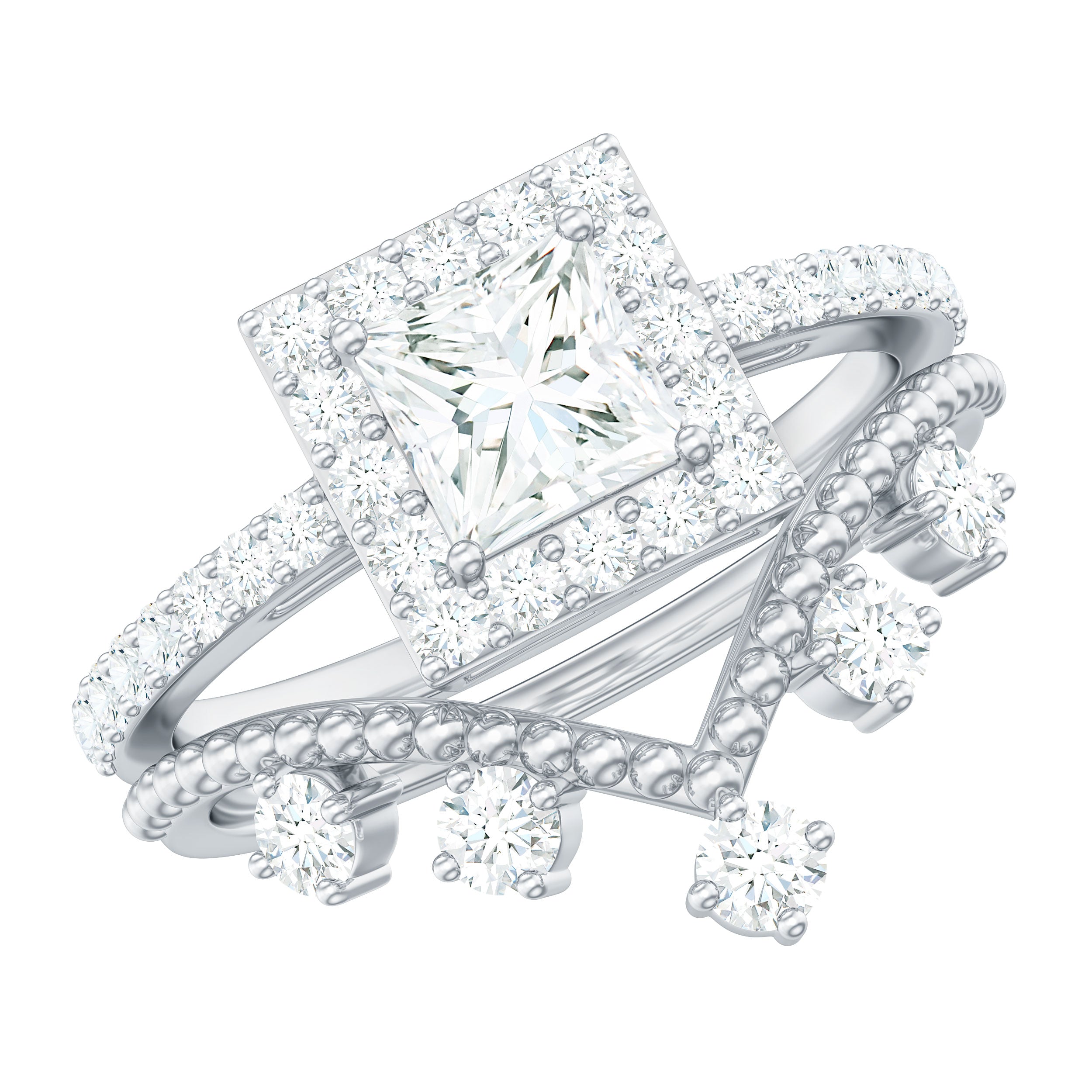 Princess Cut Moissanite Halo Wedding Ring Set with Certificate D-VS1 - Rosec Jewels