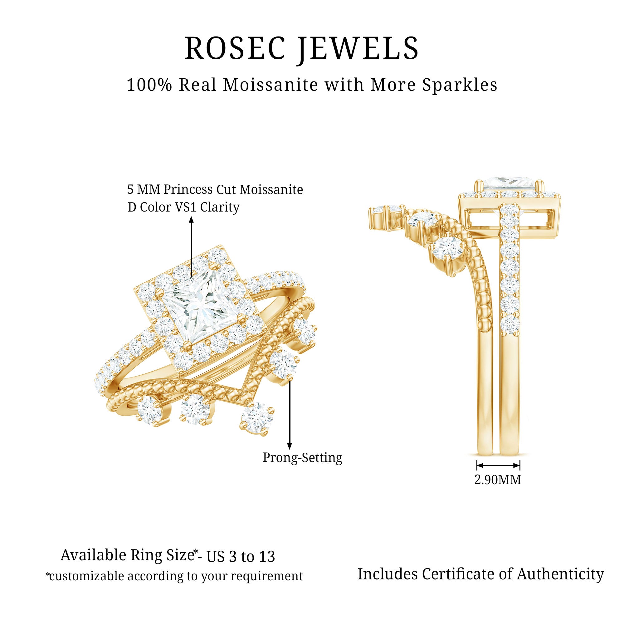 Princess Cut Moissanite Halo Wedding Ring Set with Certificate D-VS1 - Rosec Jewels