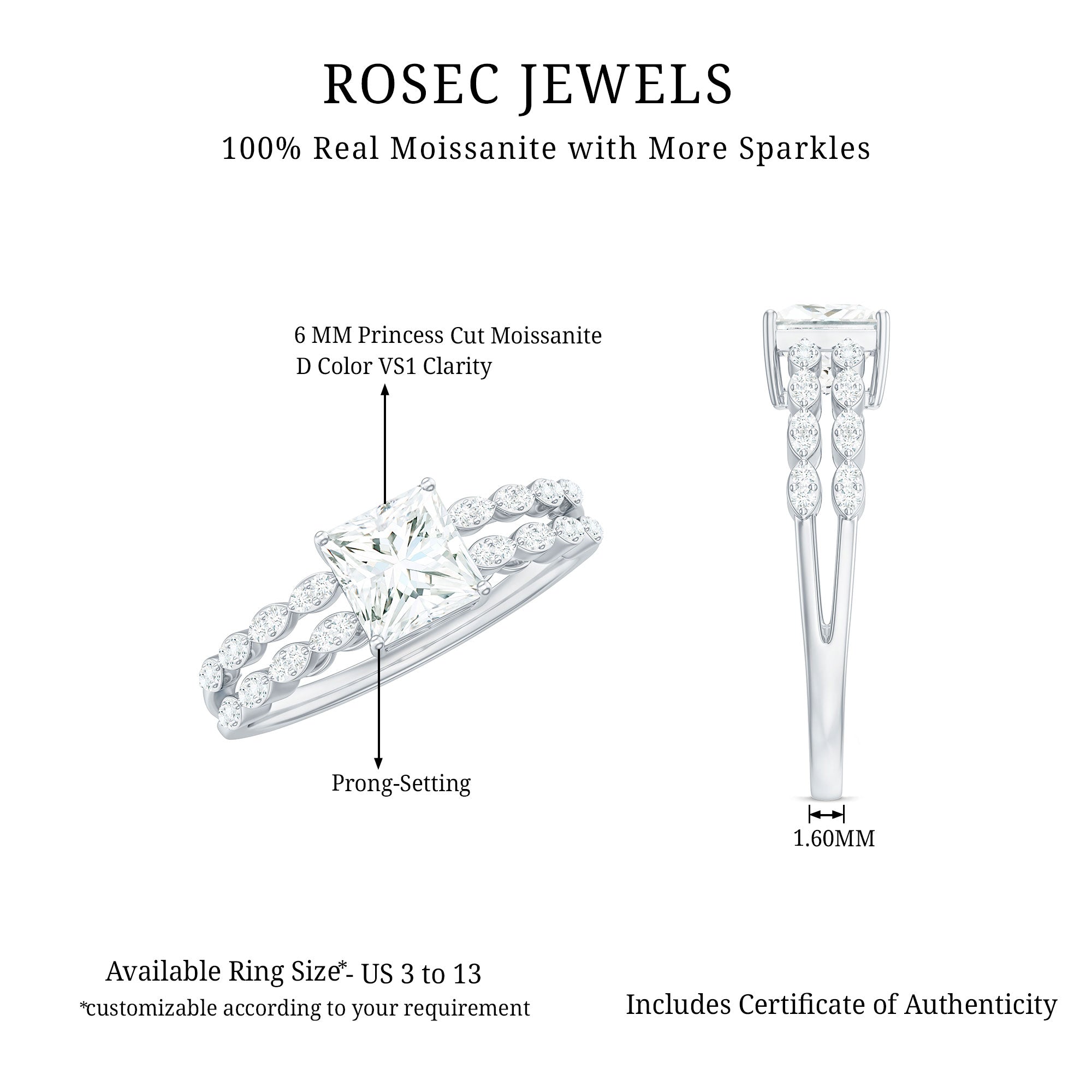 Certified Moissanite Princess Cut Engagement Ring in Double Band D-VS1 - Rosec Jewels