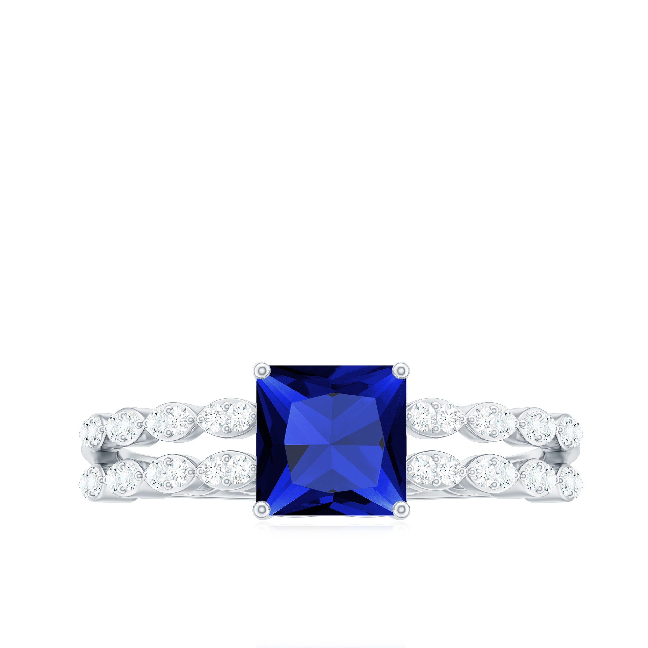 Certified 1.5 Carat Princess Cut Lab Grown Blue Sapphire Double Band Engagement Ring with Diamond AAAA - Rosec Jewels