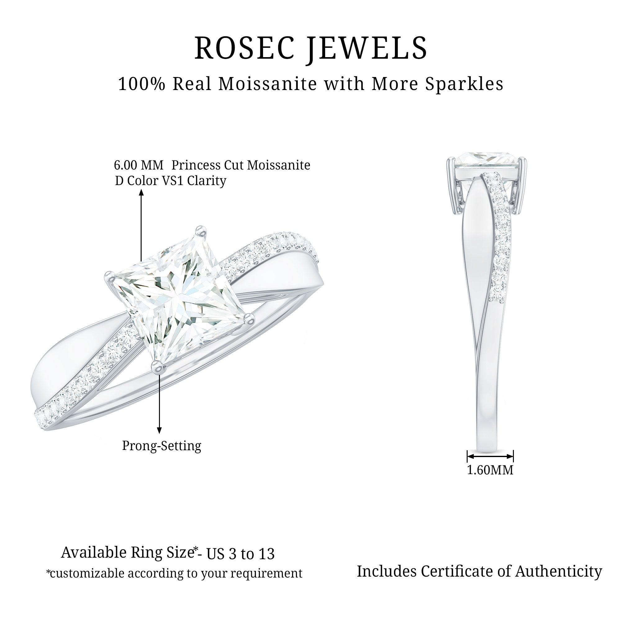 Solitaire Moissanite Princess Cut Engagement Ring D-VS1 - Rosec Jewels