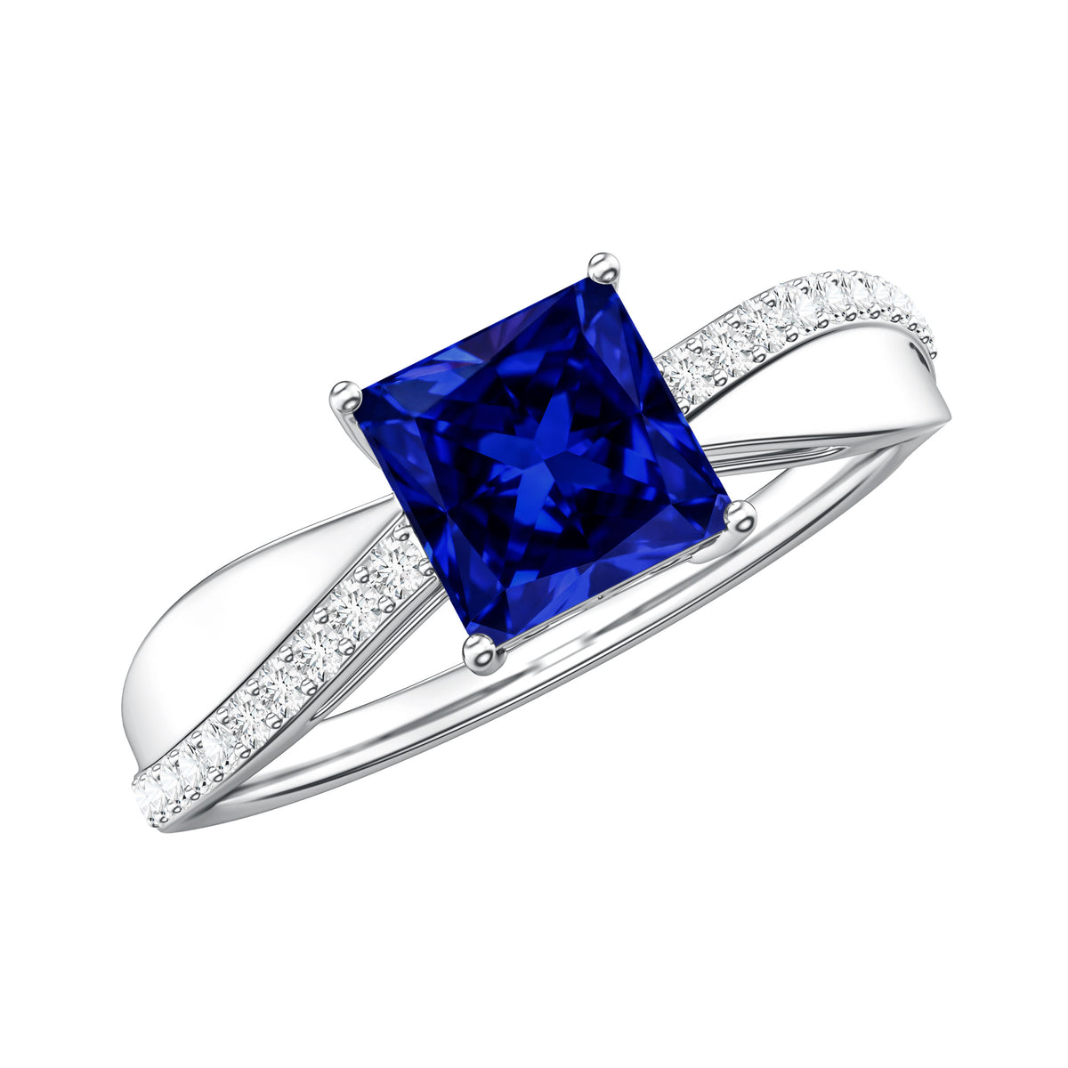 Certified 1.5 Carat Lab Grown Blue Sapphire Princess Cut Engagement Ring with Diamond AAAA - Rosec Jewels
