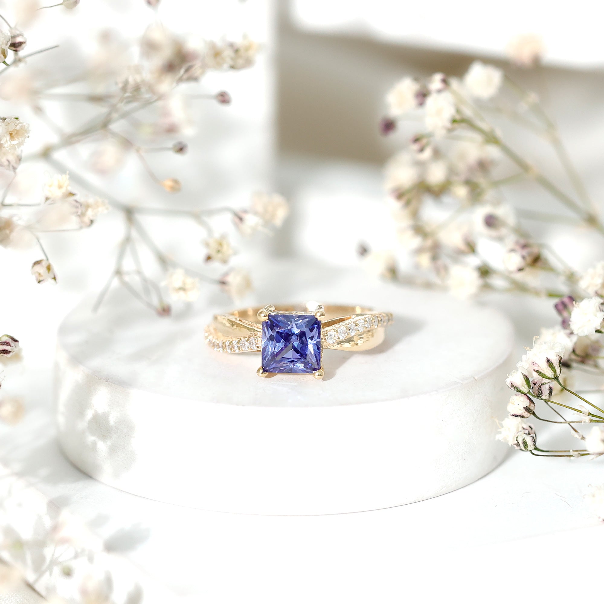Certified 1.5 Carat Lab Grown Blue Sapphire Princess Cut Engagement Ring with Diamond AAAA - Rosec Jewels