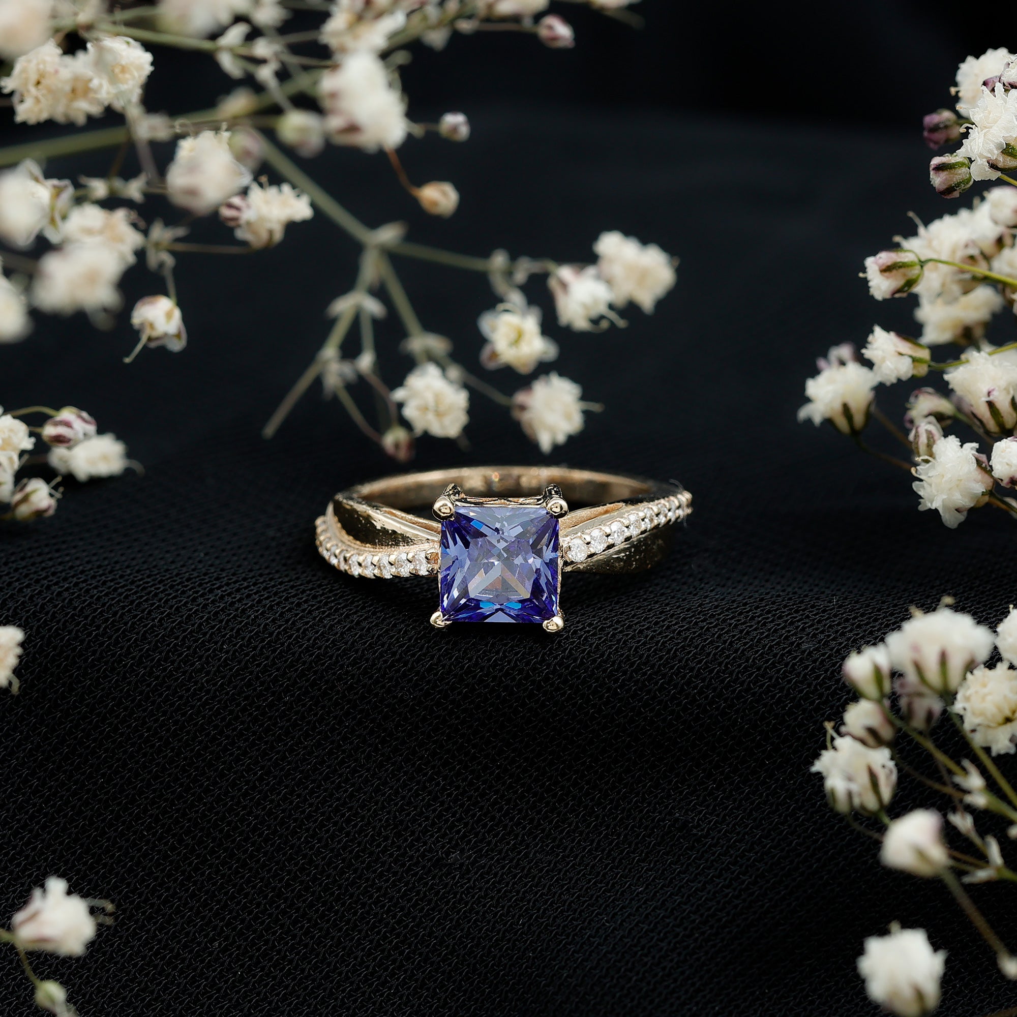 Certified 1.5 Carat Lab Grown Blue Sapphire Princess Cut Engagement Ring with Diamond AAAA - Rosec Jewels