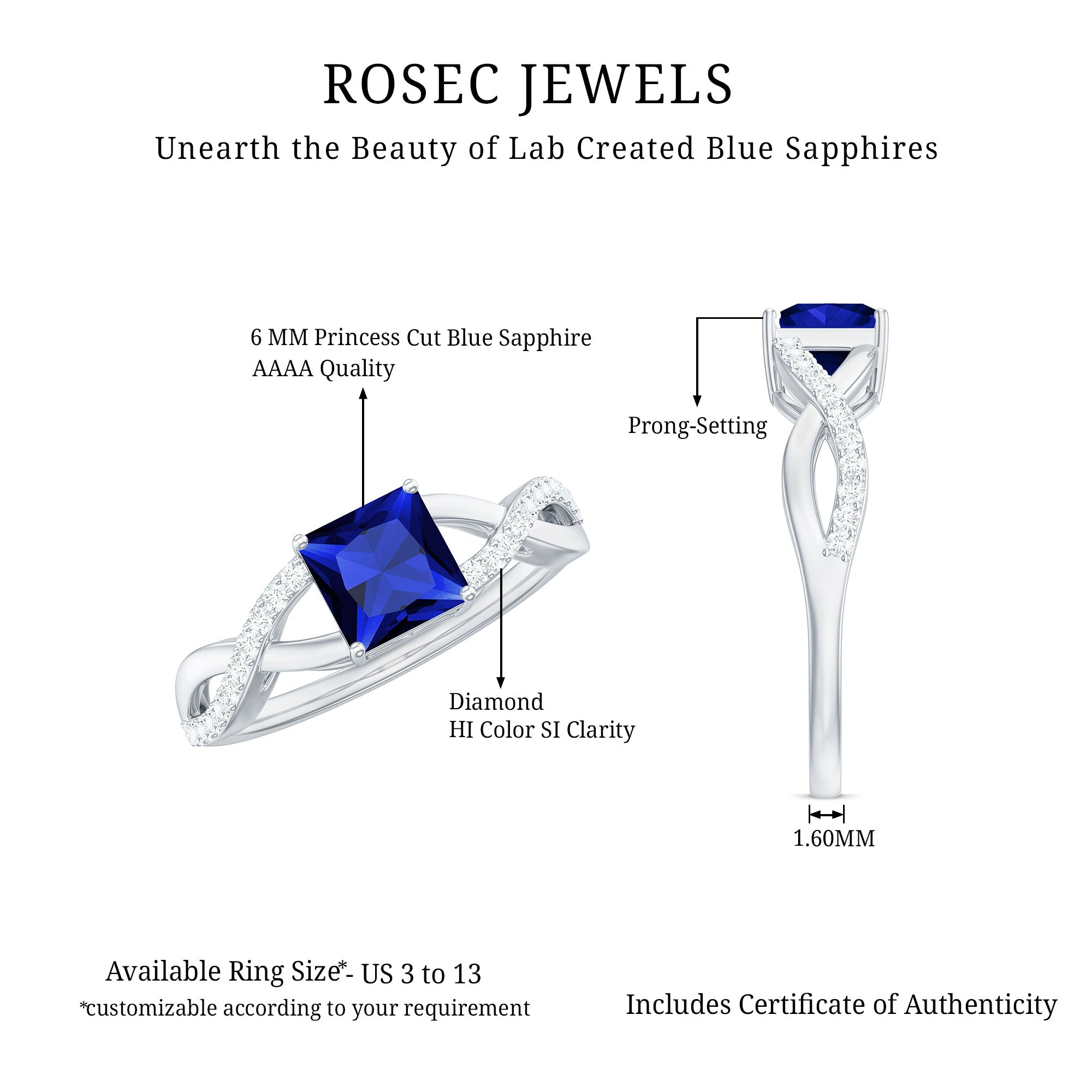 1.5 Carat Lab Grown Blue Sapphire Princess Cut Engagement Ring with Diamond Crossover Shank AAAA - Rosec Jewels