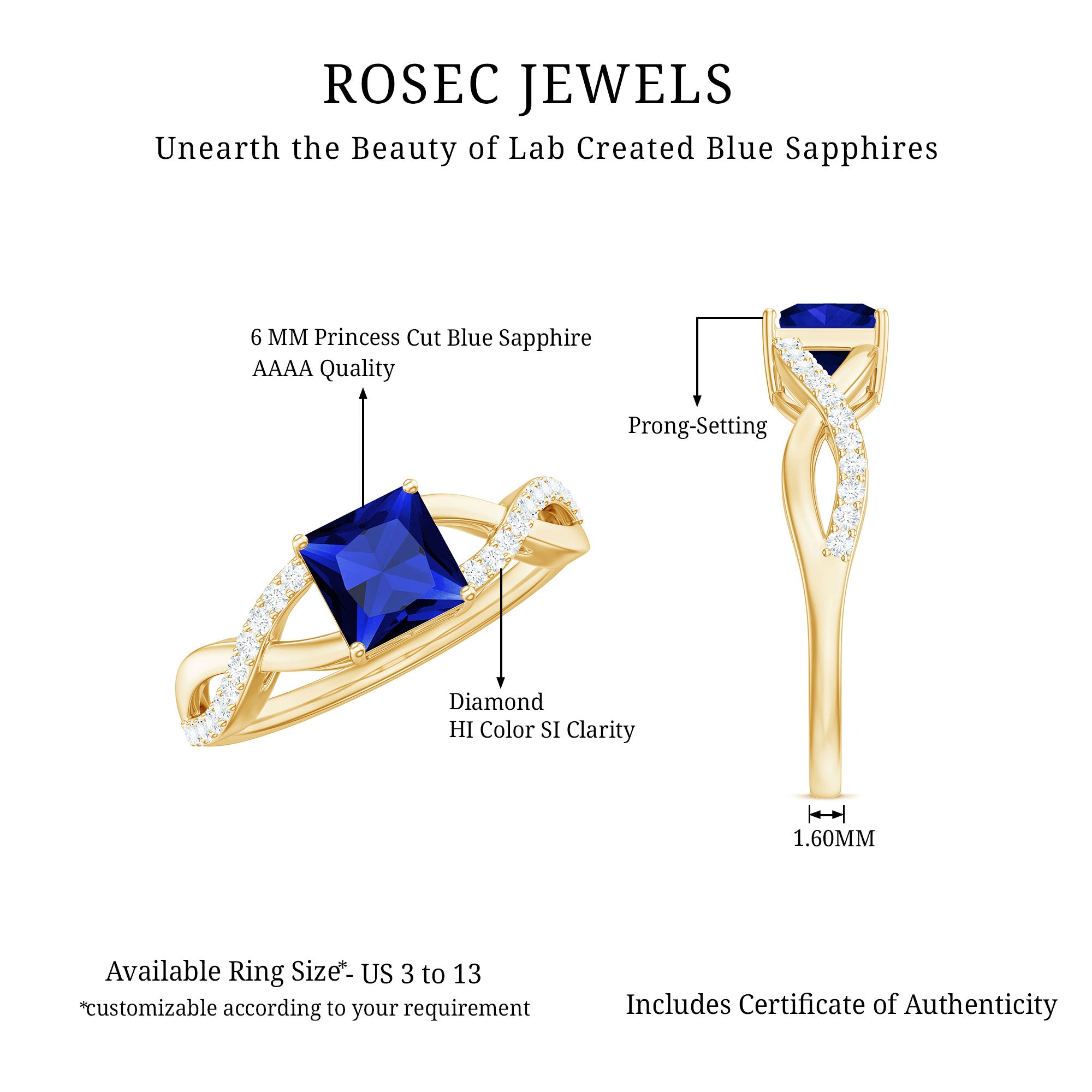 1.5 Carat Lab Grown Blue Sapphire Princess Cut Engagement Ring with Diamond Crossover Shank AAAA - Rosec Jewels