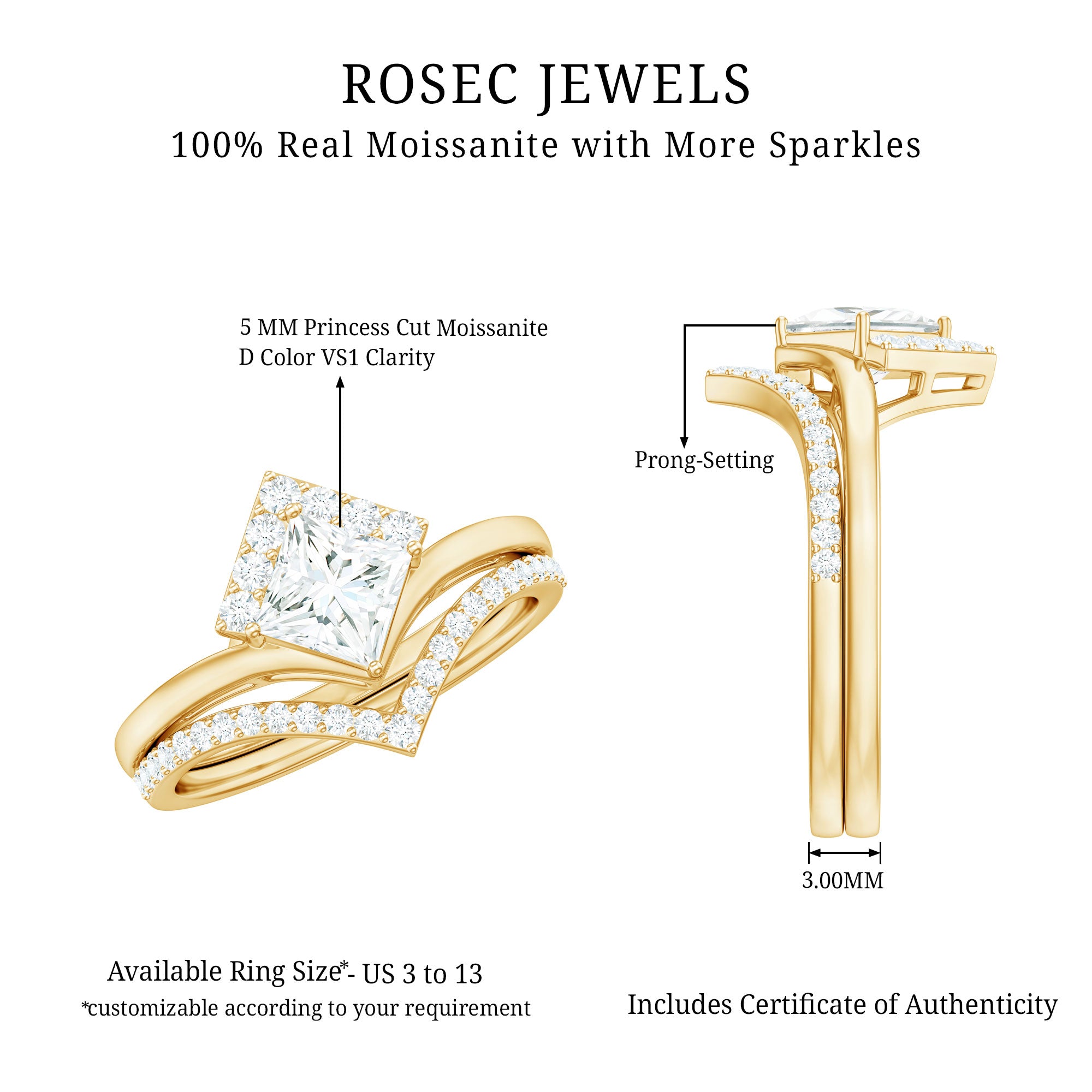 Certified Princess Cut Moissanite Wedding Ring Set for Women D-VS1 - Rosec Jewels