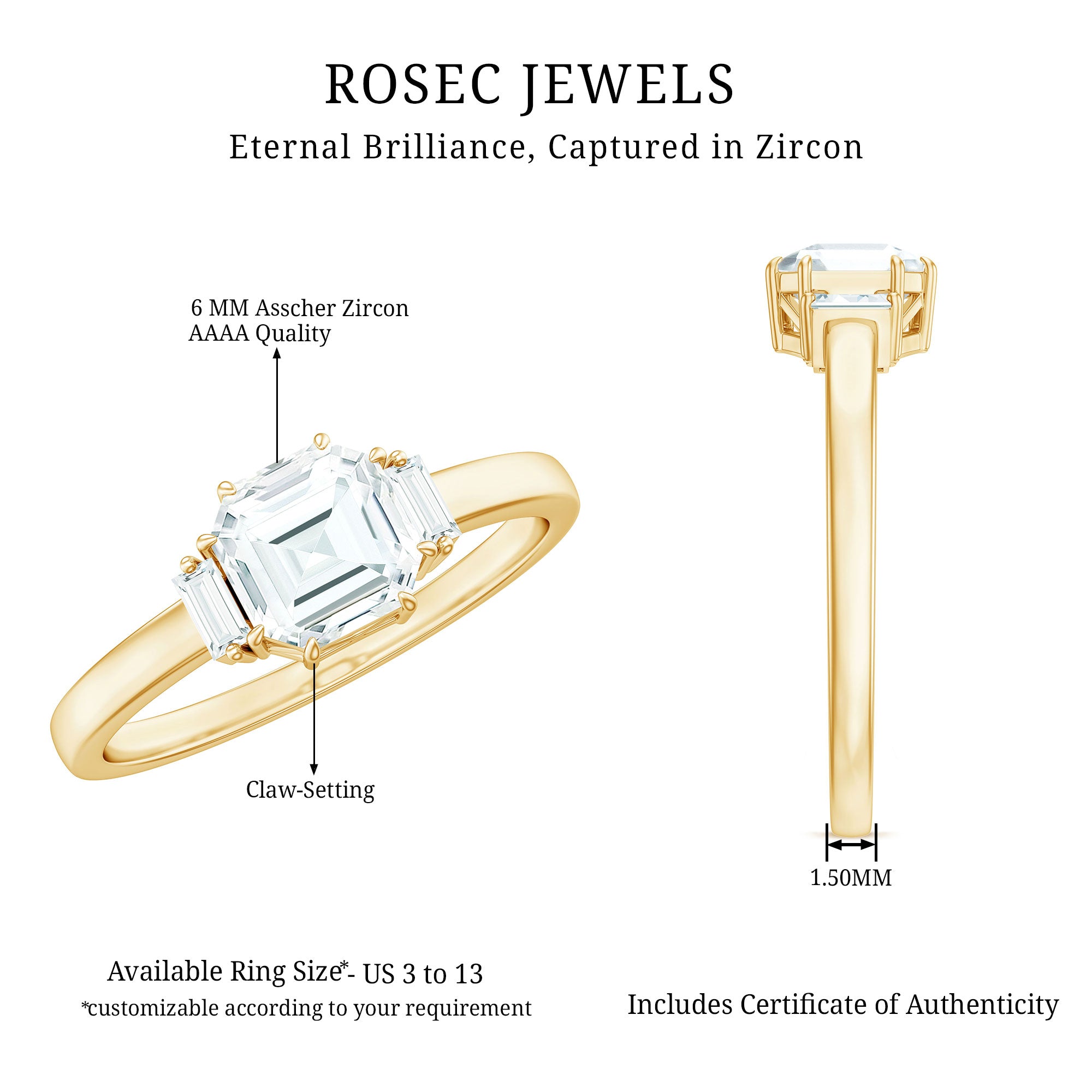 1.50 CT Asscher Cut Solitaire Zircon Engagement Ring AAAA - Rosec Jewels