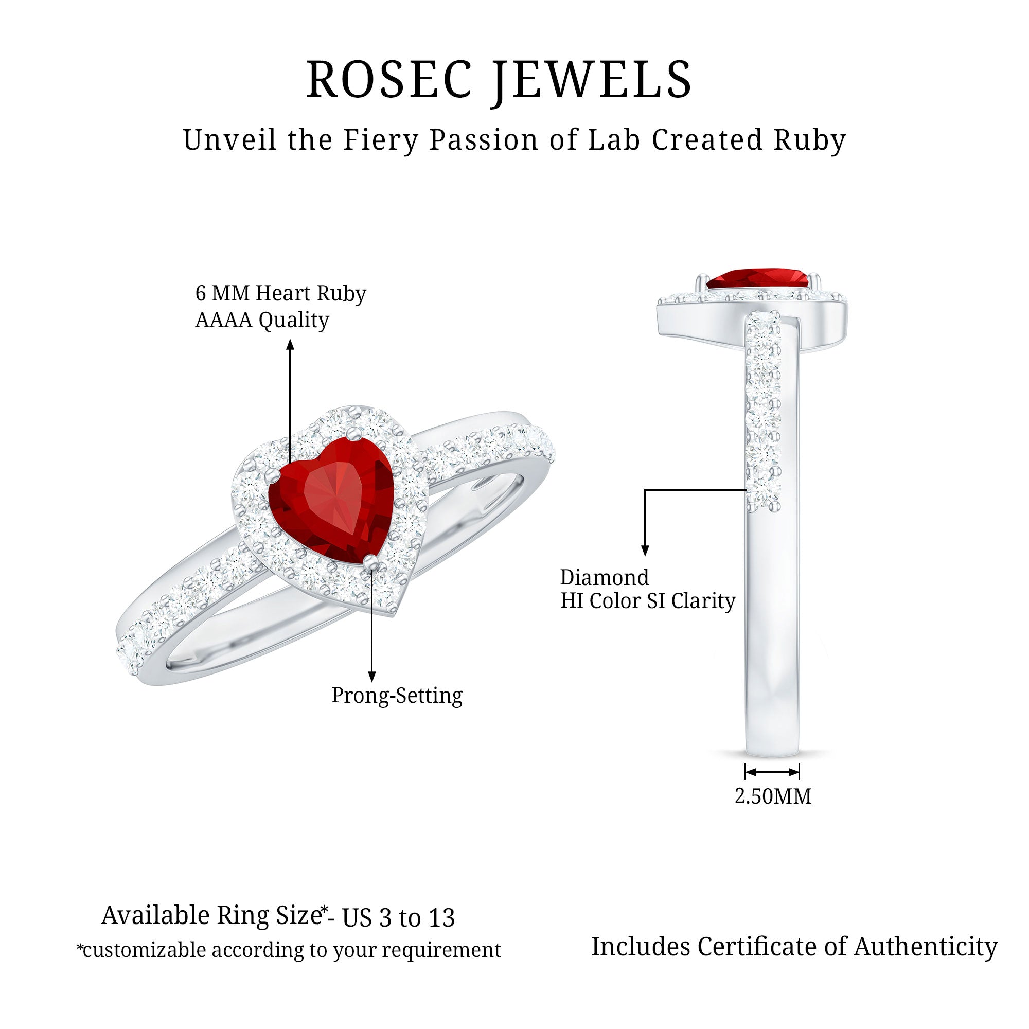 Rosec Jewels-Lab Created Ruby Heart Promise Ring with Diamond Halo