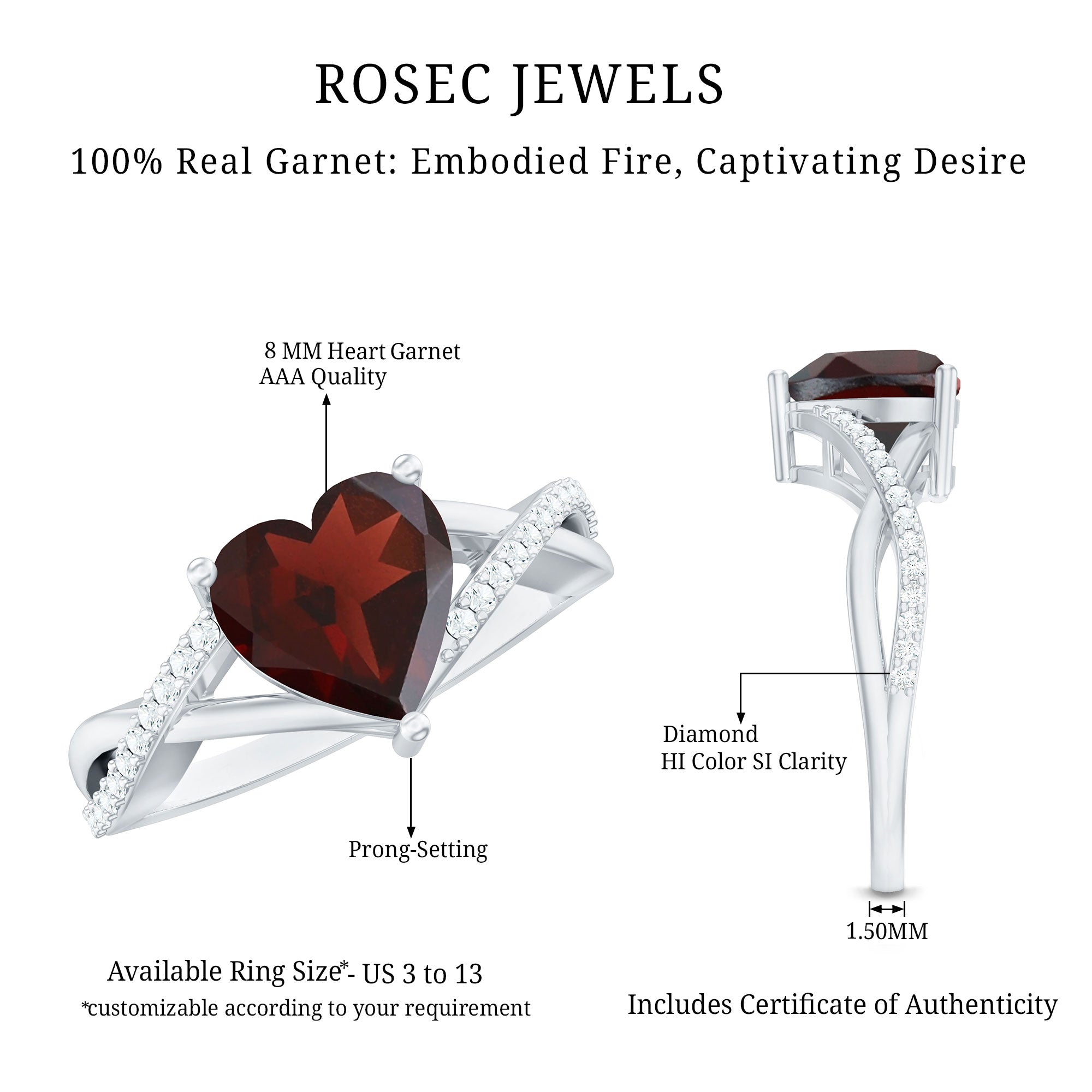 Natural Garnet Heart Shaped Engagement Ring with Diamond Crossover Shank AAA - Rosec Jewels