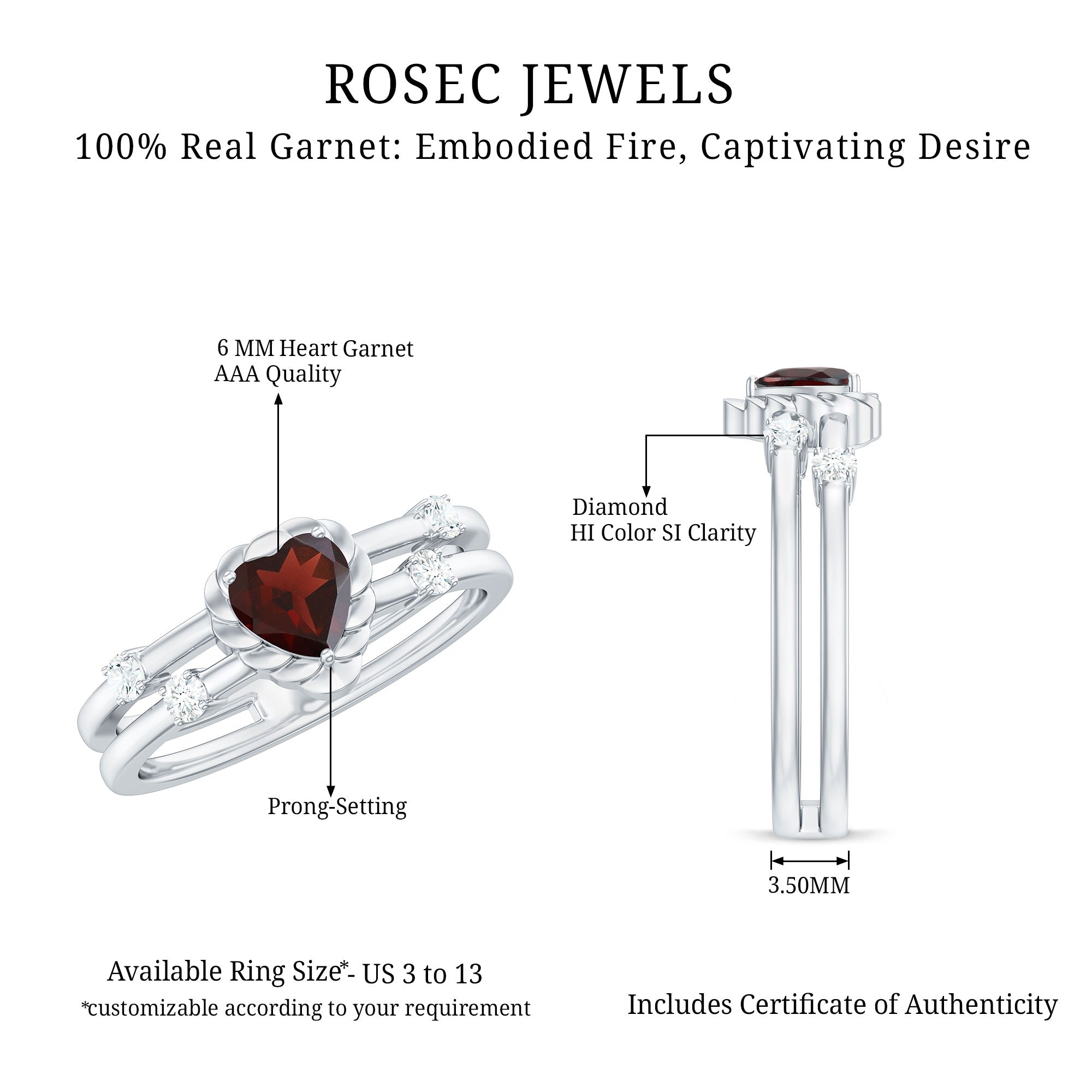 Natural Heart Shaped Garnet Diamond Double Band Engagement Ring AAA - Rosec Jewels